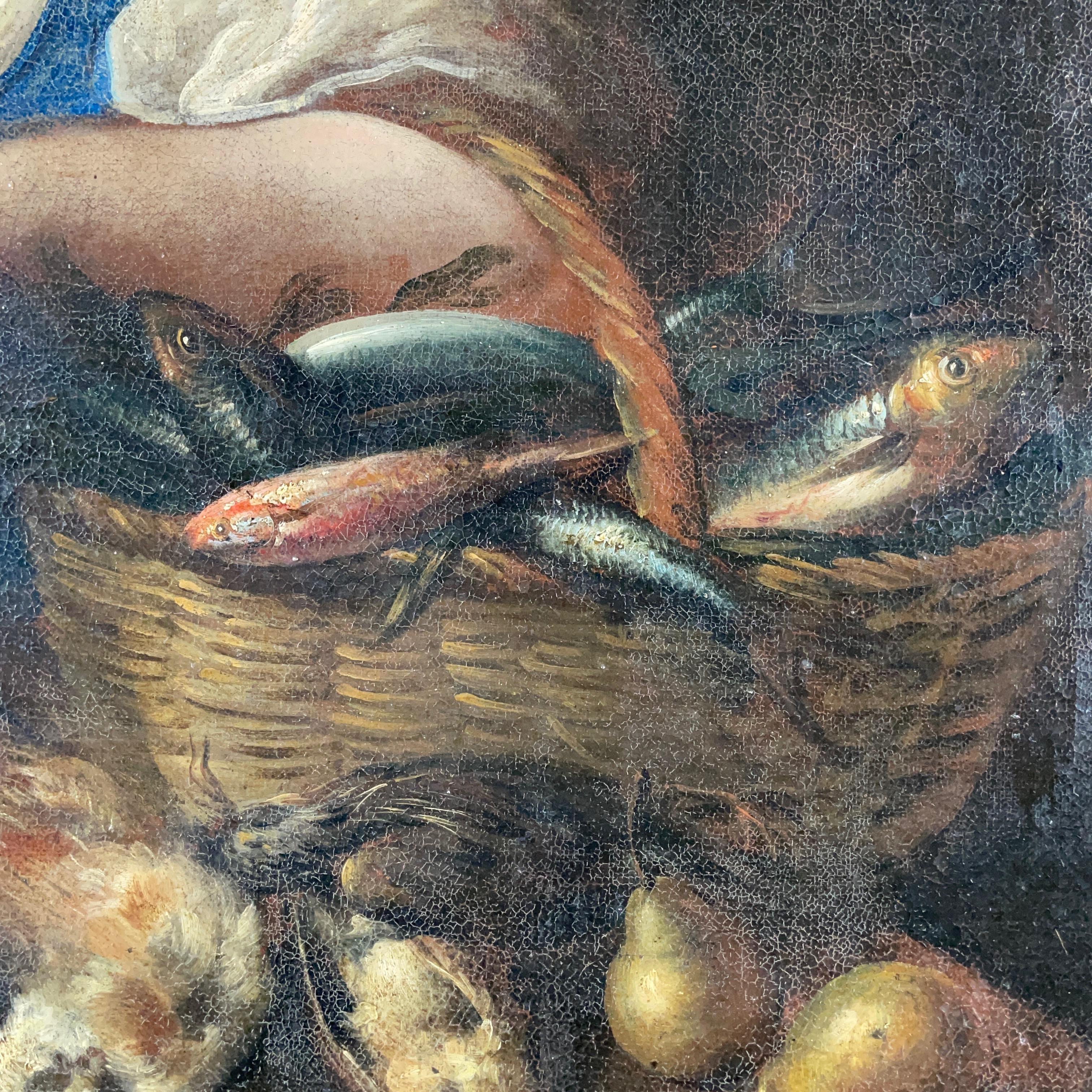 17th Century Italian Still Life with Game Vegetables Fish and Cookmaid Figure  2