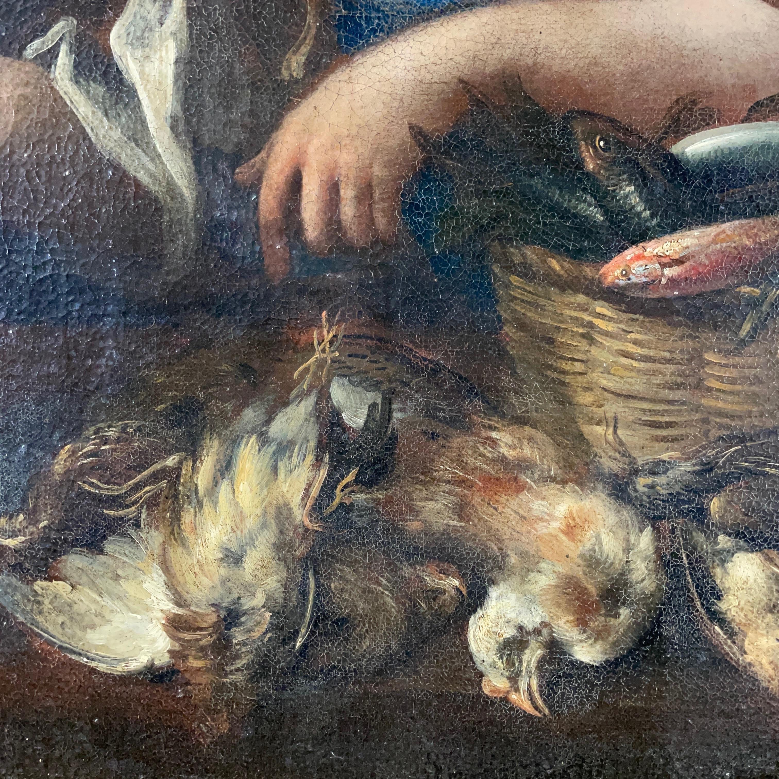 17th Century Italian Still Life with Game Vegetables Fish and Cookmaid Figure  3