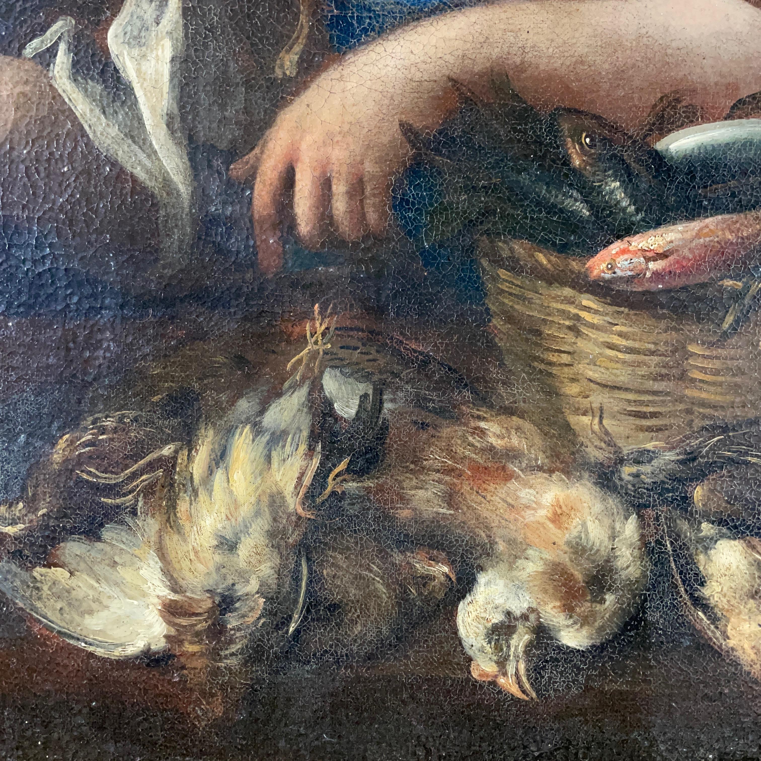 17th Century Italian Still Life with Game Vegetables Fish and Cookmaid Figure  5