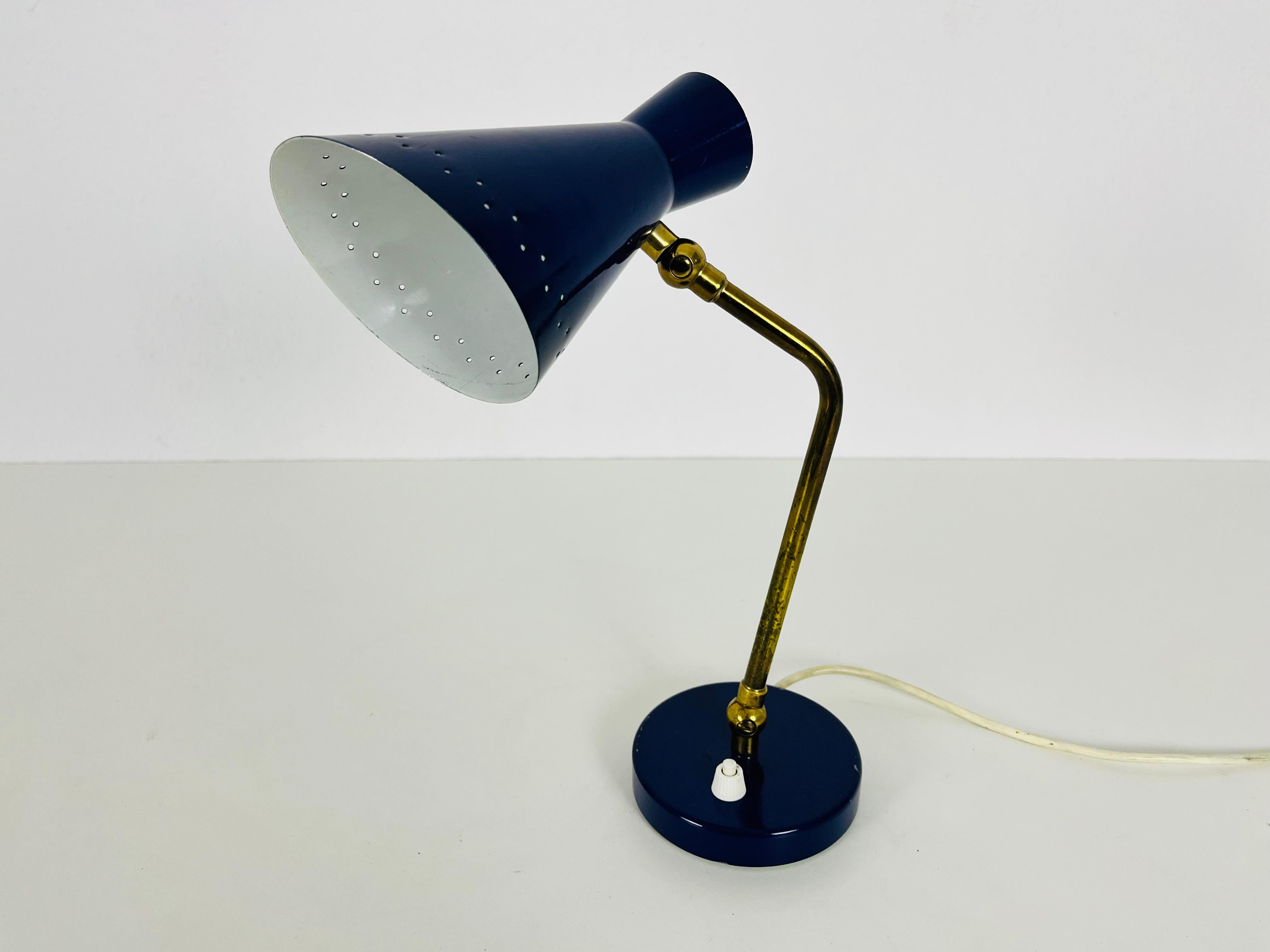 Mid-20th Century Italian Stilnovo Blue and Brass Table Lamp, 1960s, Italy For Sale