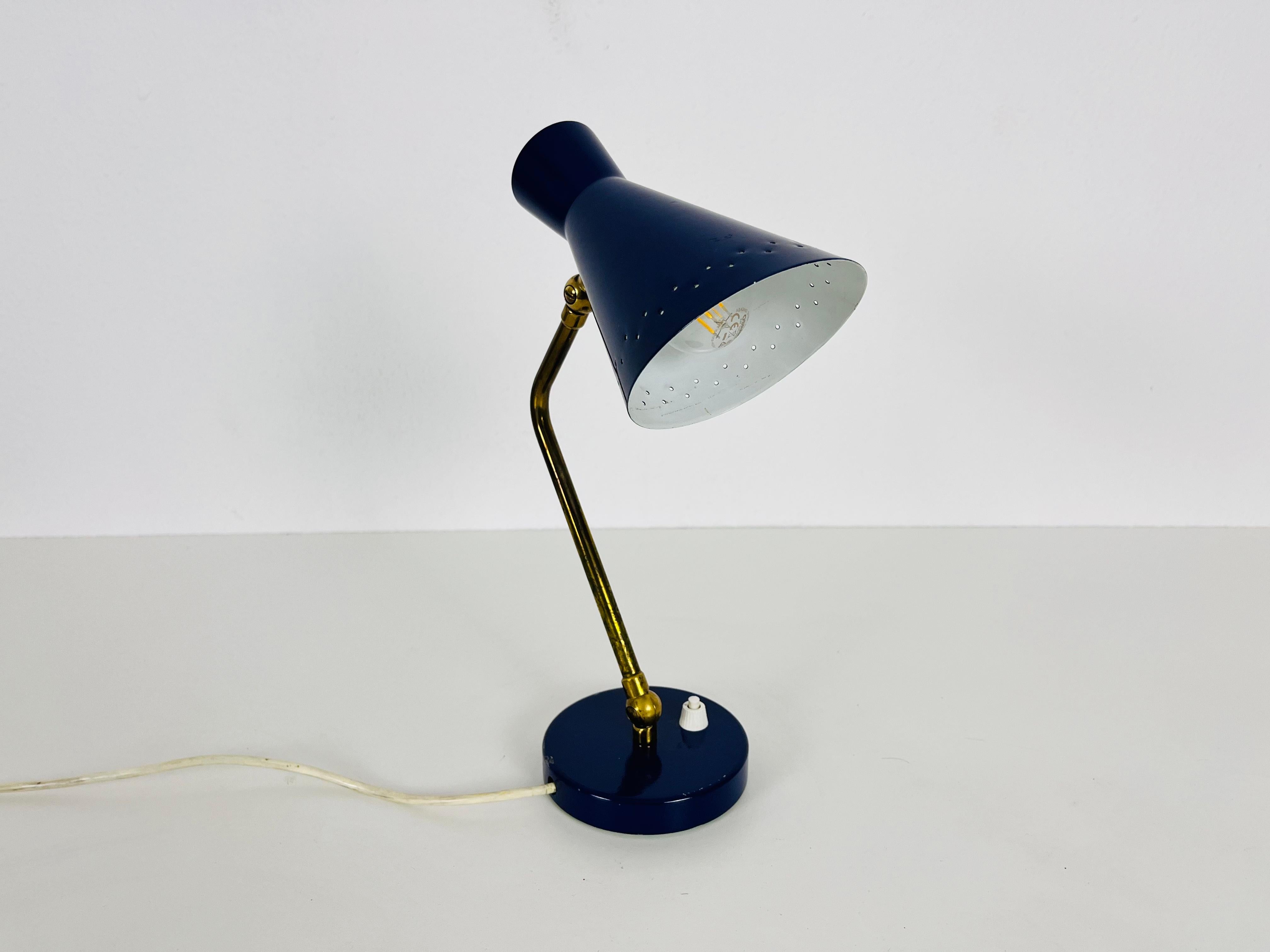 Metal Italian Stilnovo Blue and Brass Table Lamp, 1960s, Italy For Sale