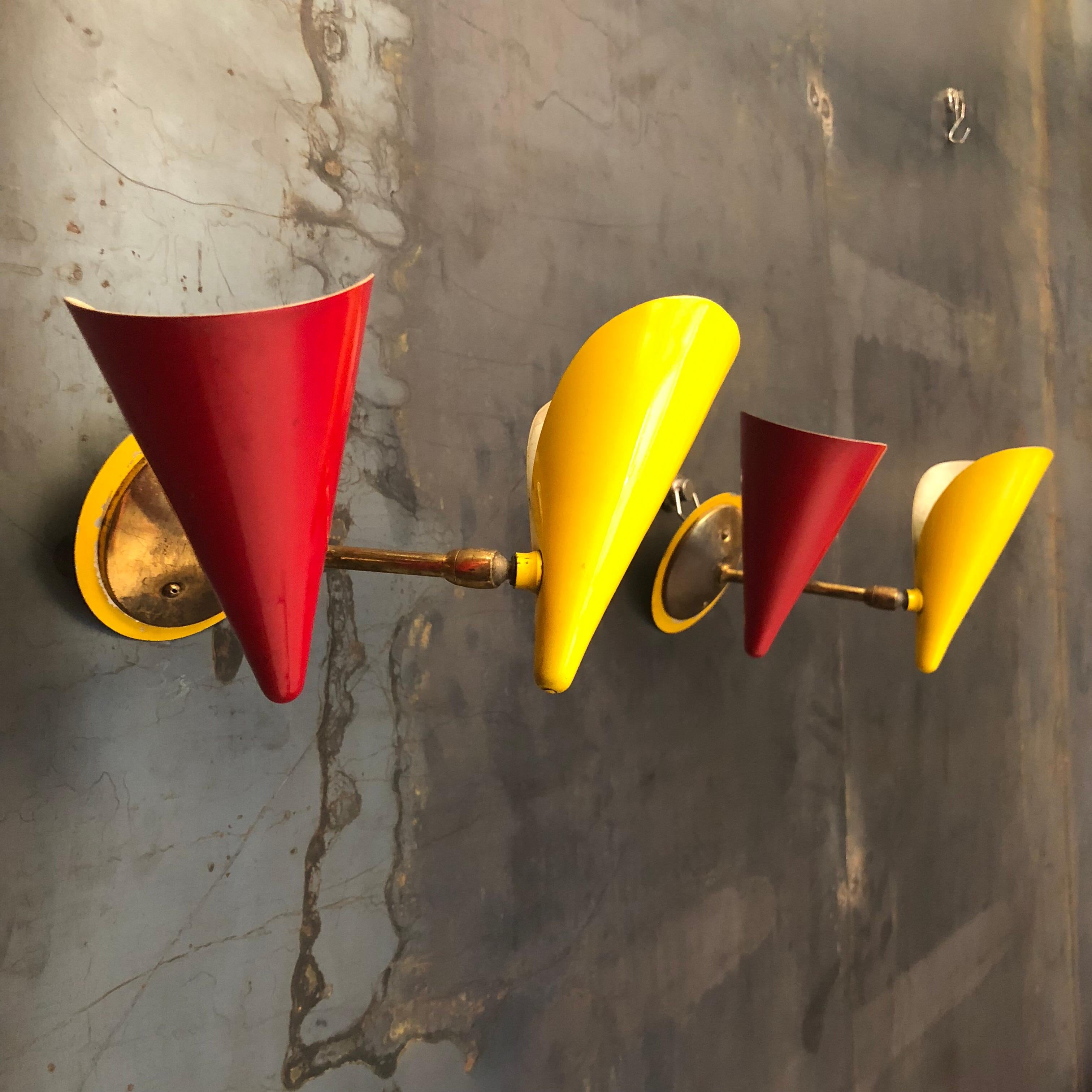 Italian Stilnovo Brass and Lacquered Metal Sconces with Double Cones, 1950s For Sale 5