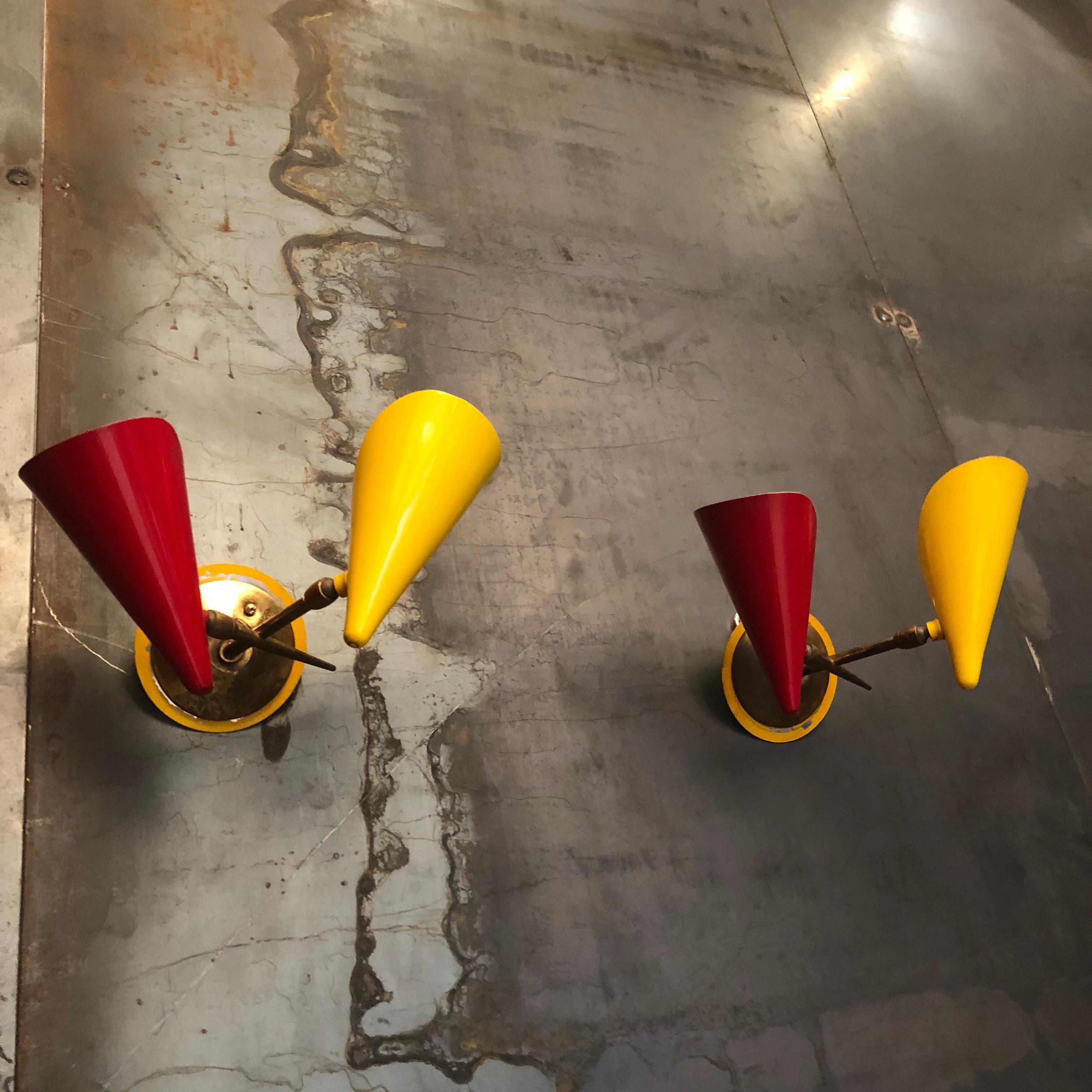 Italian Stilnovo Brass and Lacquered Metal Sconces with Double Cones, 1950s For Sale 6