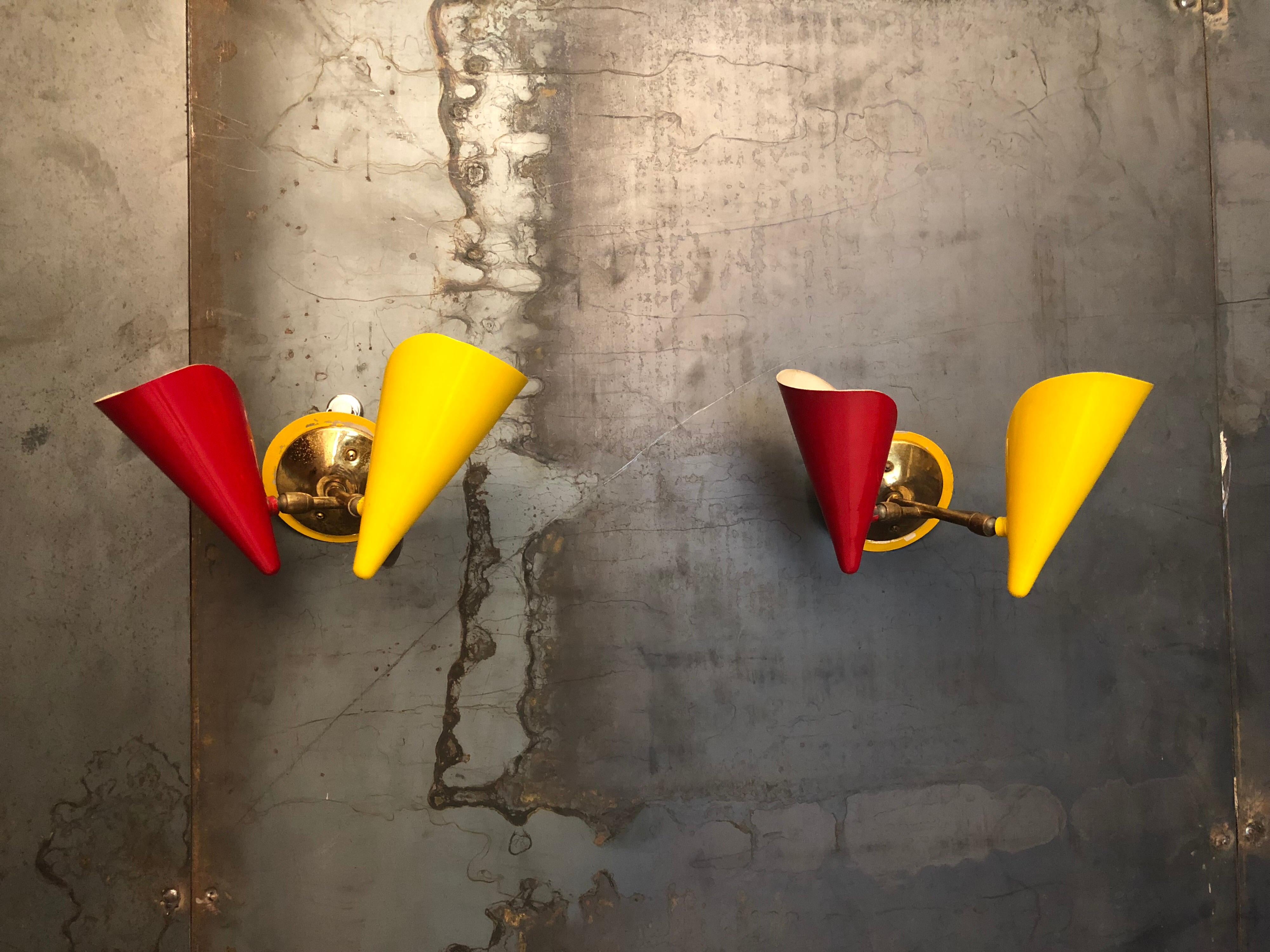 Italian Stilnovo Brass and Lacquered Metal Sconces with Double Cones, 1950s For Sale 10