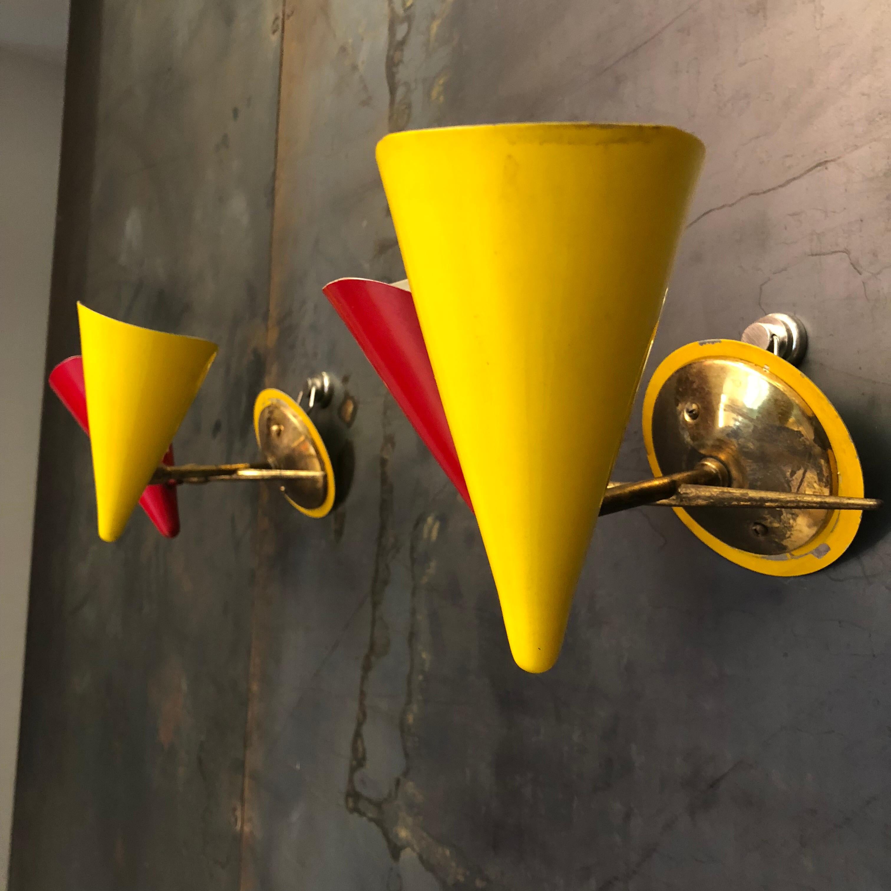 Italian Stilnovo Brass and Lacquered Metal Sconces with Double Cones, 1950s For Sale 2