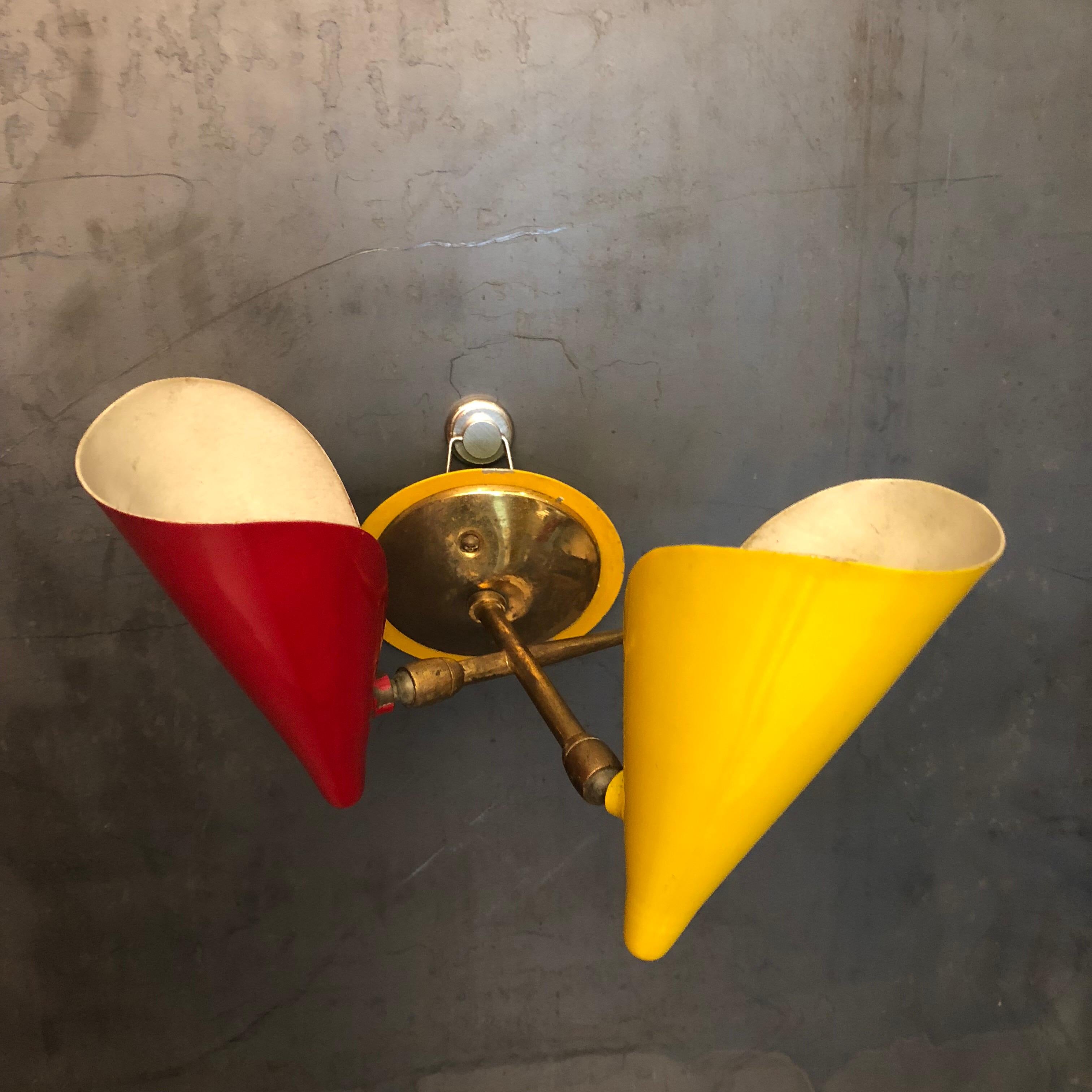 Italian Stilnovo Brass and Lacquered Metal Sconces with Double Cones, 1950s For Sale 3