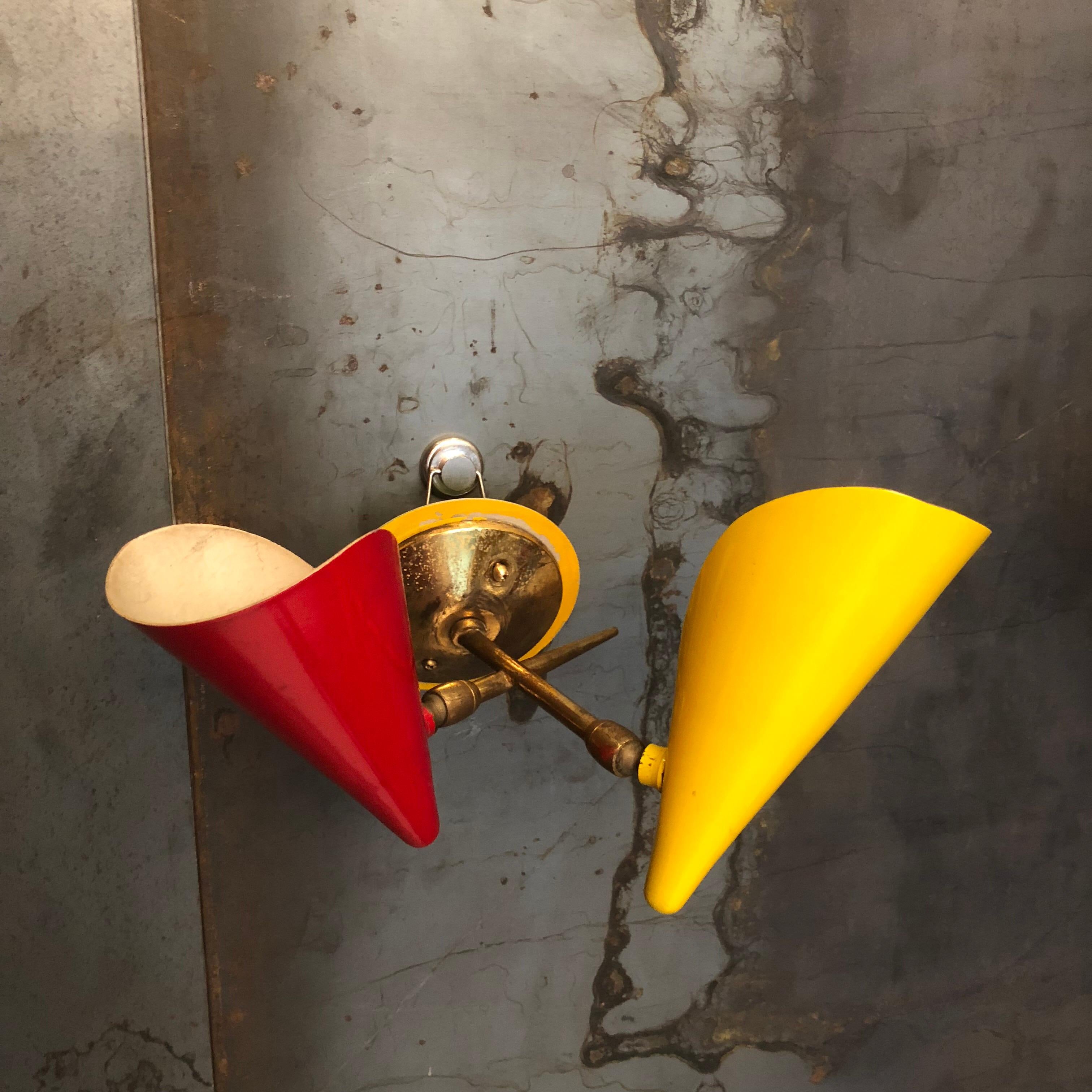 Italian Stilnovo Brass and Lacquered Metal Sconces with Double Cones, 1950s For Sale 4