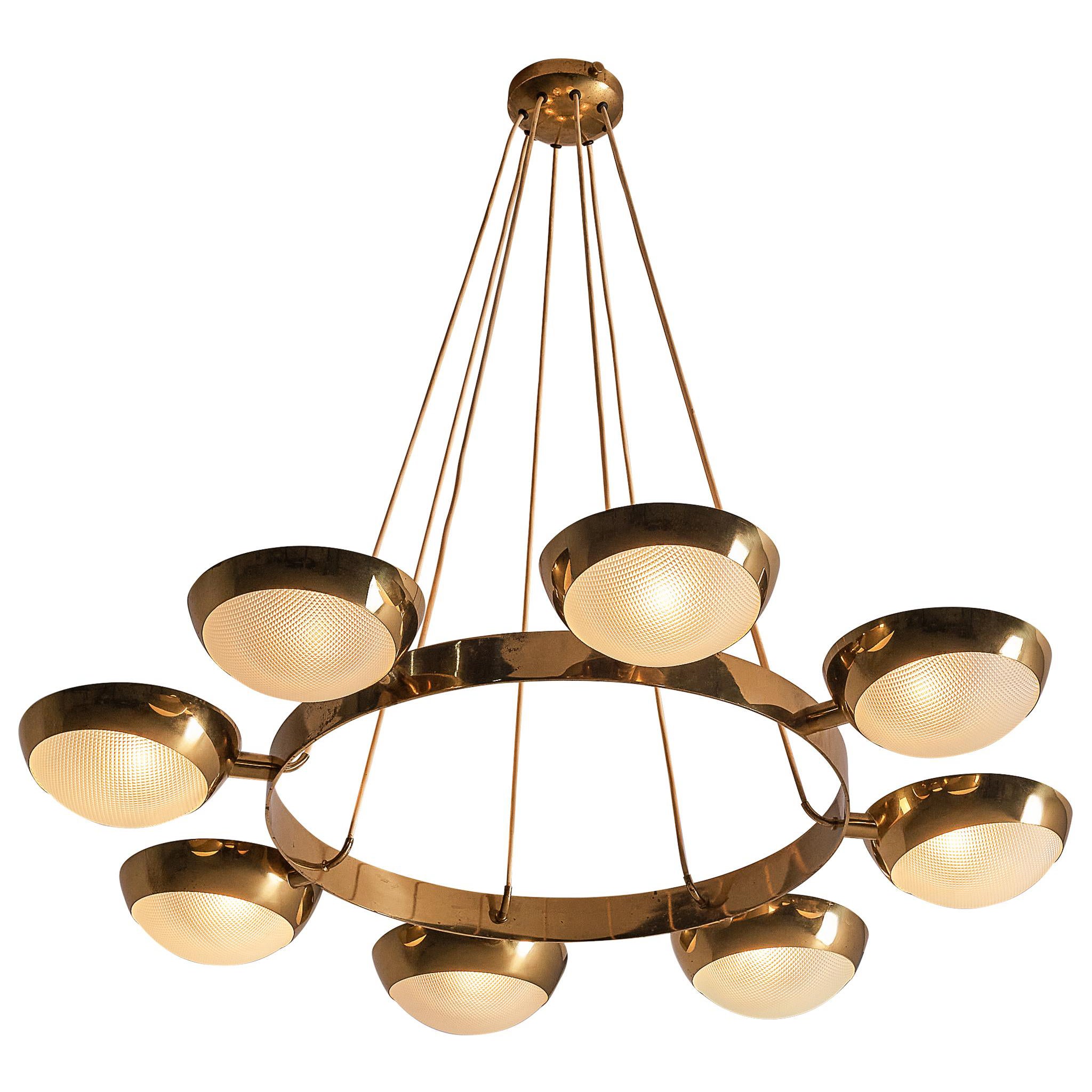 Italian Stilnovo Chandelier in Brass, Prismatic Glass in 104cm/40.94in For Sale