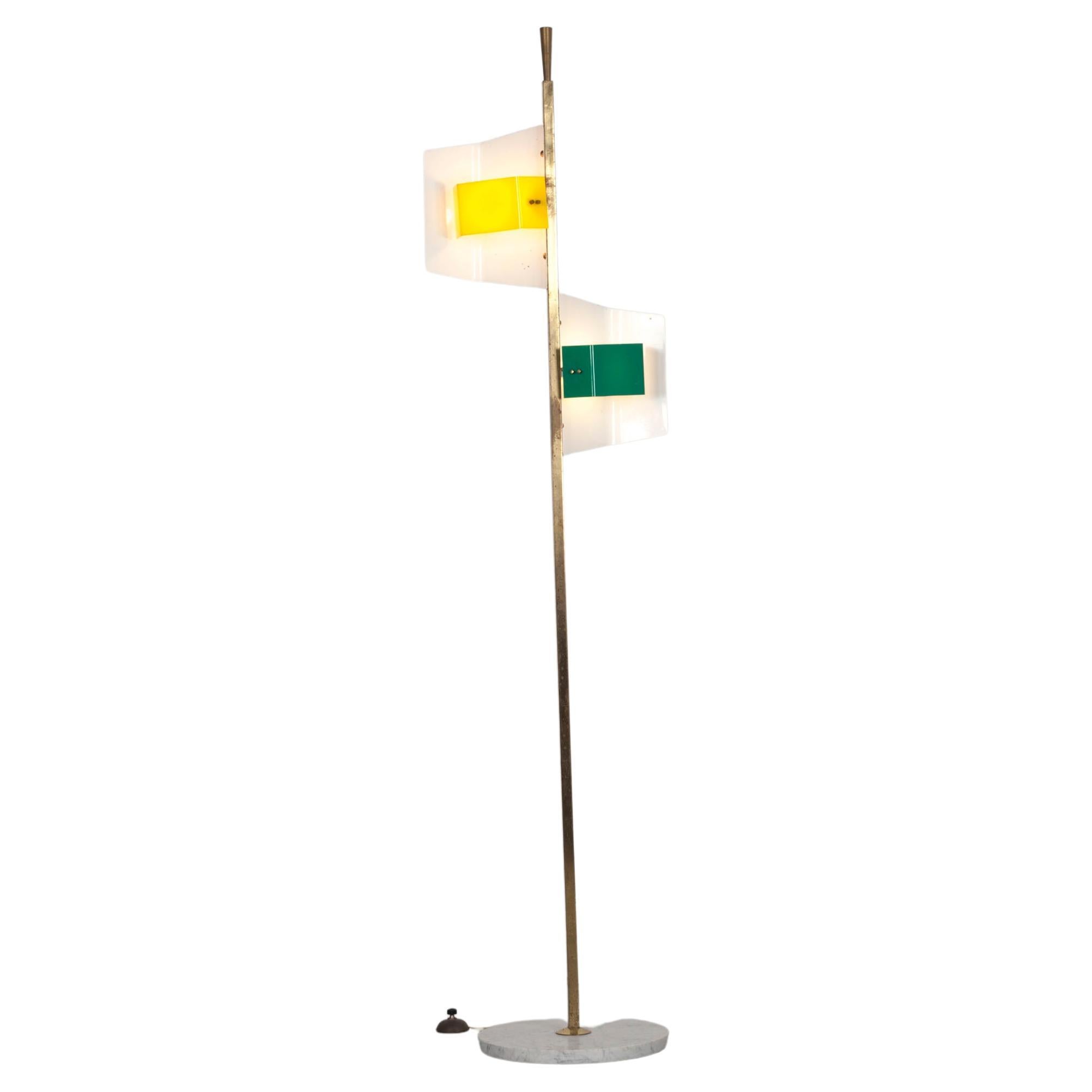  Italian Stilnovo floor lamp with yellow and green Perspex shade from the 50s. For Sale