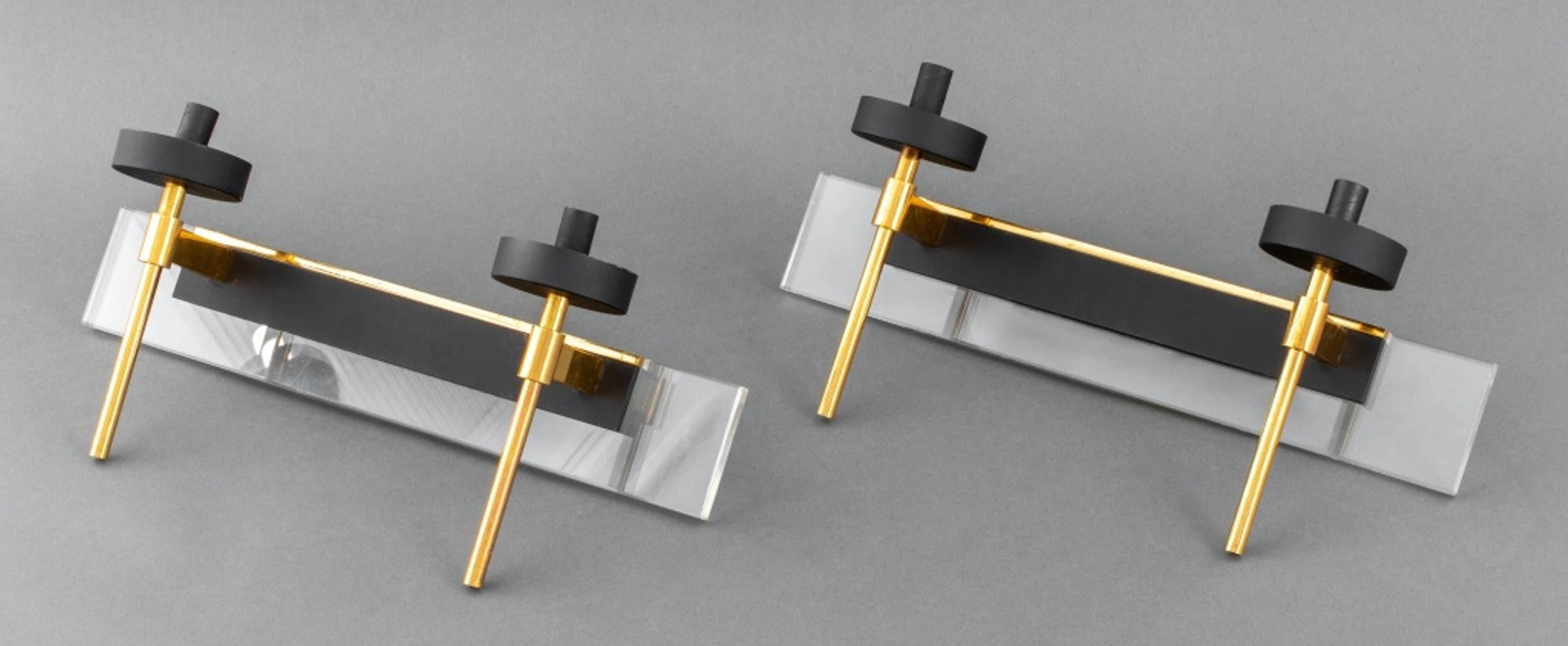 Italian Stilnovo Mid-Century Modern pair of wall sconces with black enameled and brass elements on glass plaque.

Dimensions: 8.5