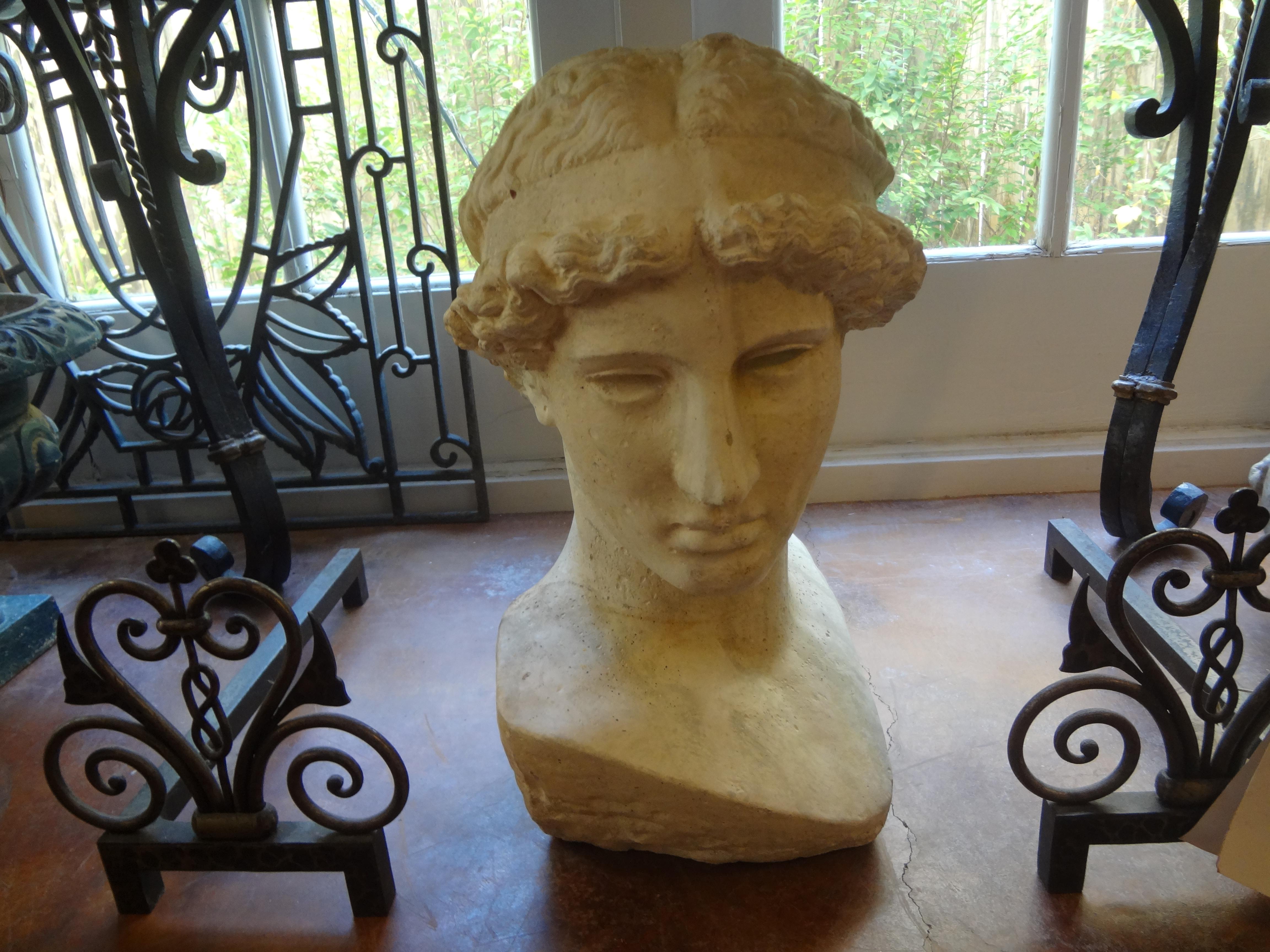 Handsome Italian stone bust of a Classical Roman, circa 1920. This beautiful classical male bust sculpture is well detailed with great patina!