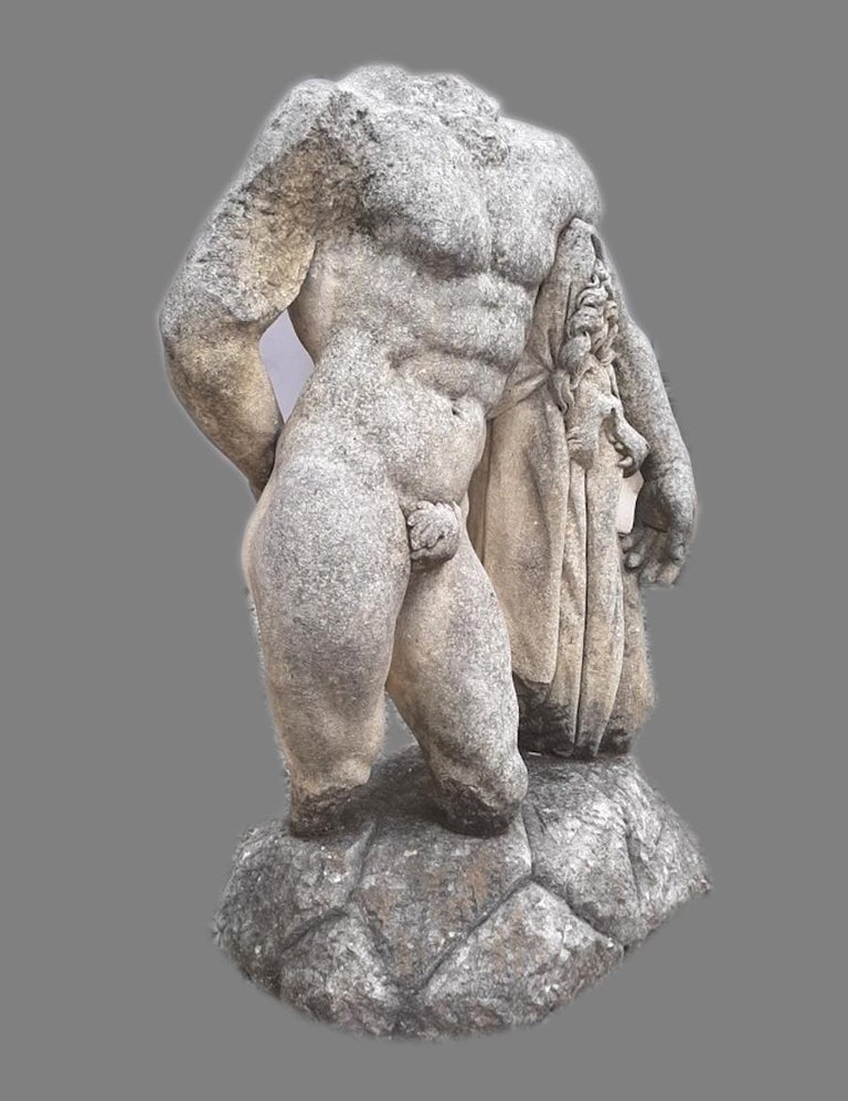 Italian Stone Sculpture of Classical Torso of Hercules with Base at