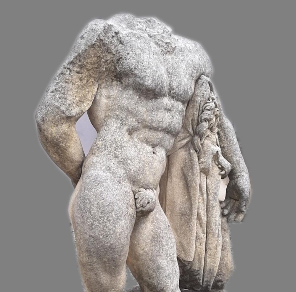 Italian Stone Sculpture of Classical Torso of Hercules with Base In Excellent Condition For Sale In Rome, IT