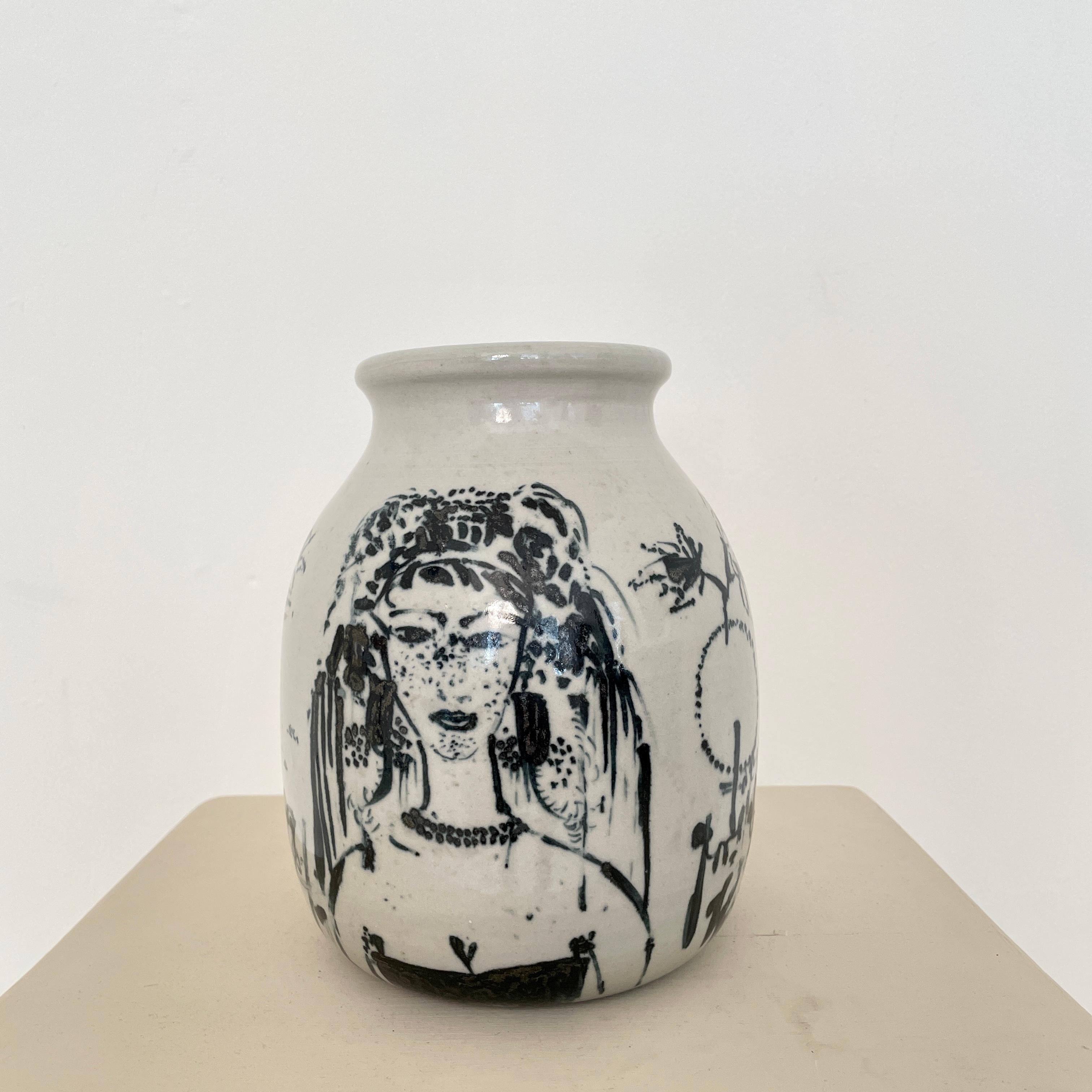Mid-Century Modern Italian Stoneware Vase, Hand Painted and Glazed in Gray and Black, Around 1970