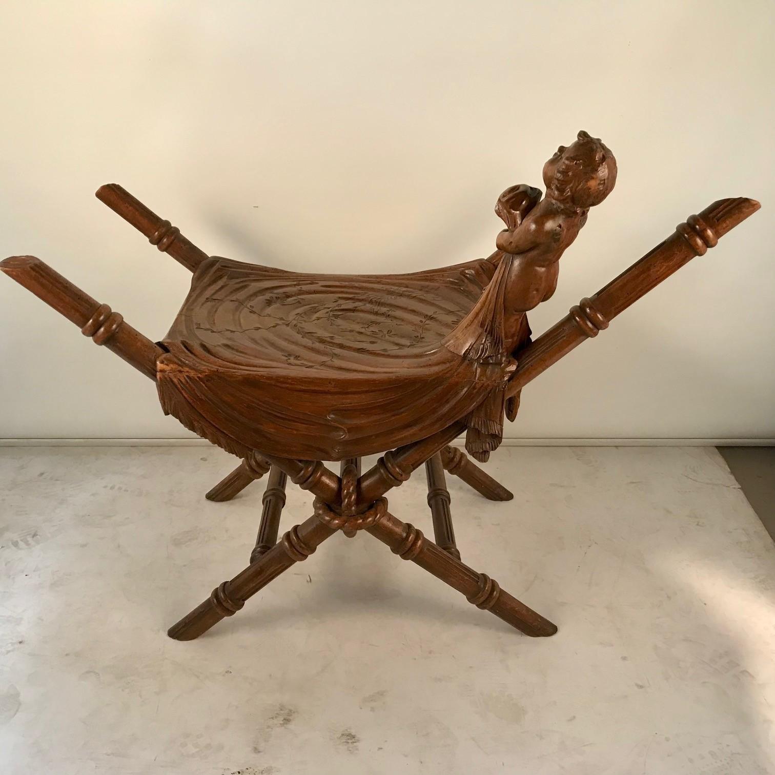 Italian Stool Carved with a Boy and Blanket, Attributed to Valentino Besarel For Sale 4