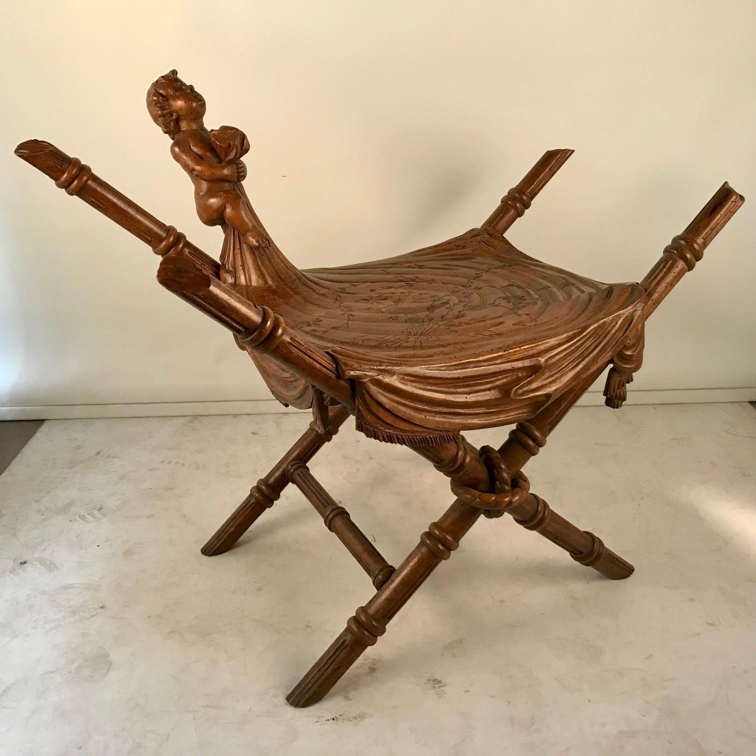 Victorian Italian Stool Carved with a Boy and Blanket, Attributed to Valentino Besarel For Sale