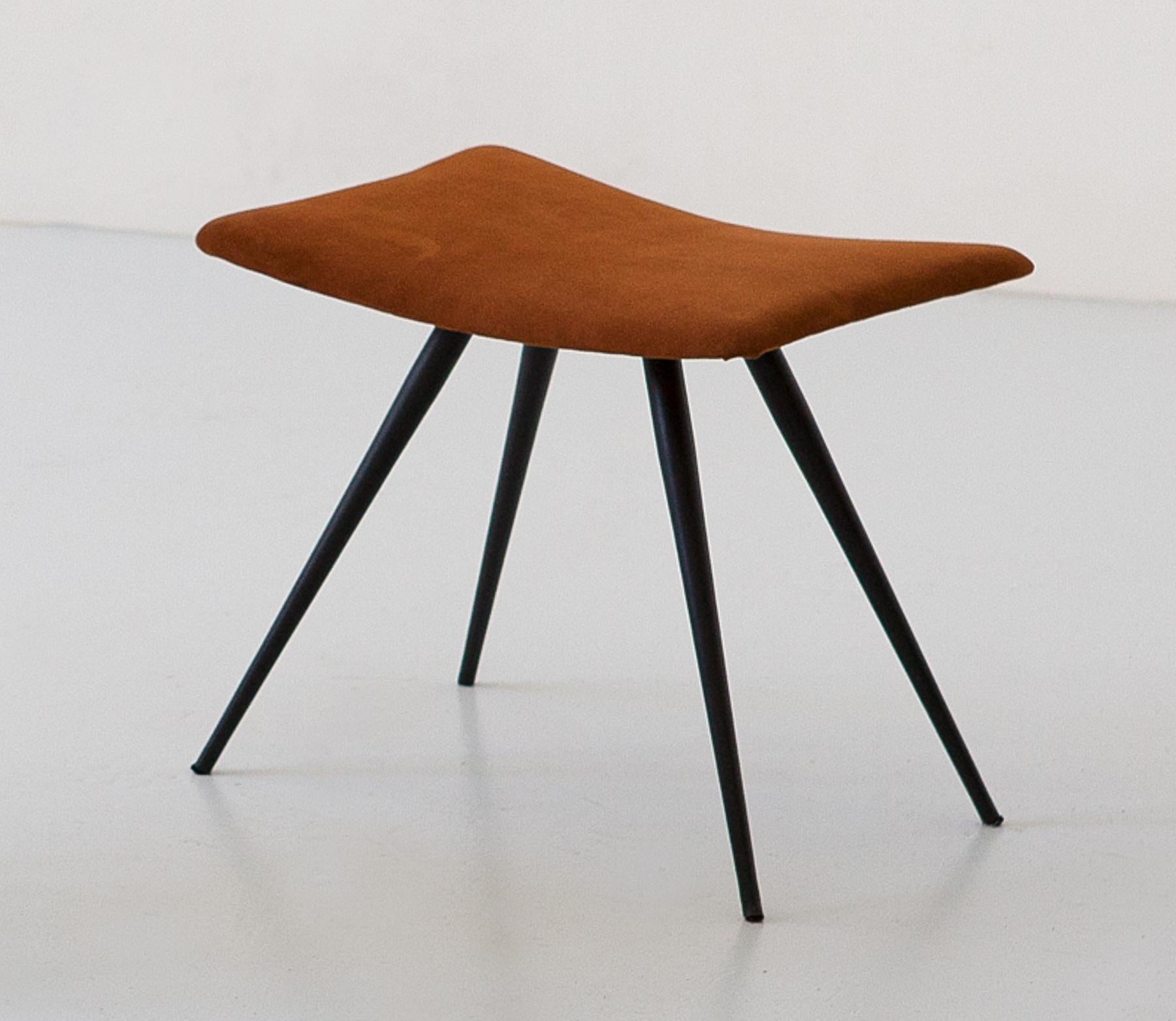 Mid-Century Modern Italian Stool in Cognac Suede Leather and Black Steel Conical Legs, 1950s For Sale