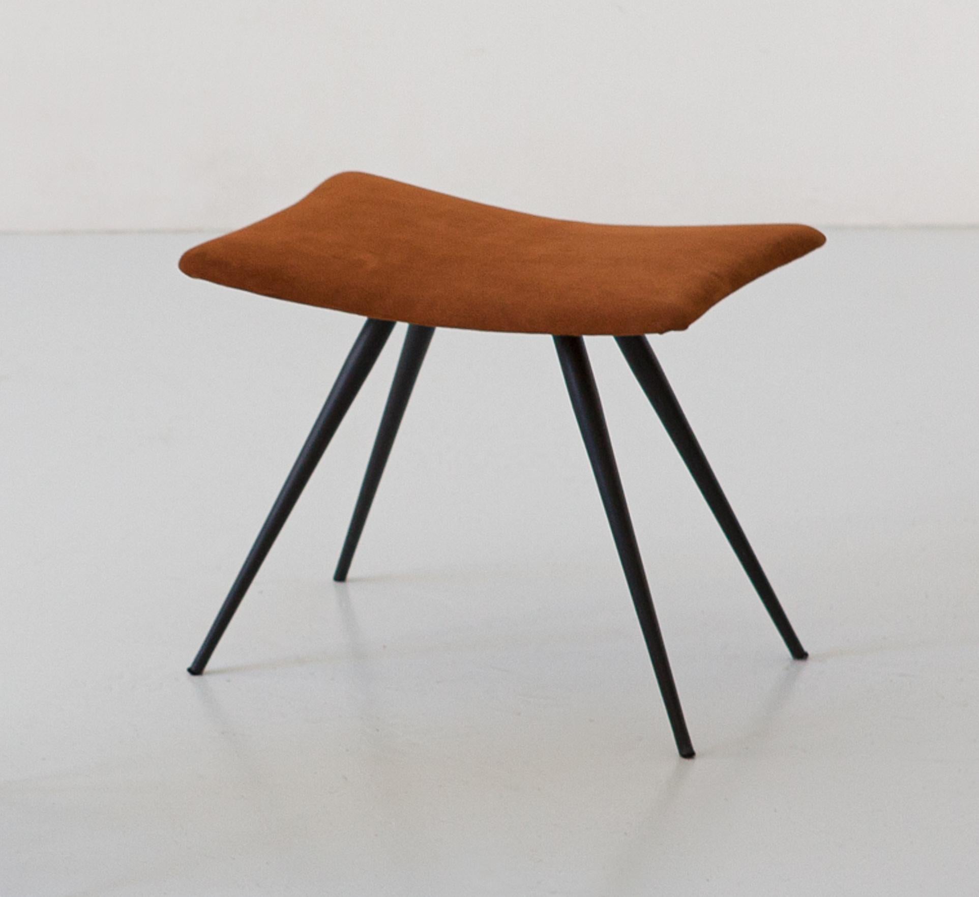 Mid-20th Century Italian Stool in Cognac Suede Leather and Black Steel Conical Legs, 1950s For Sale