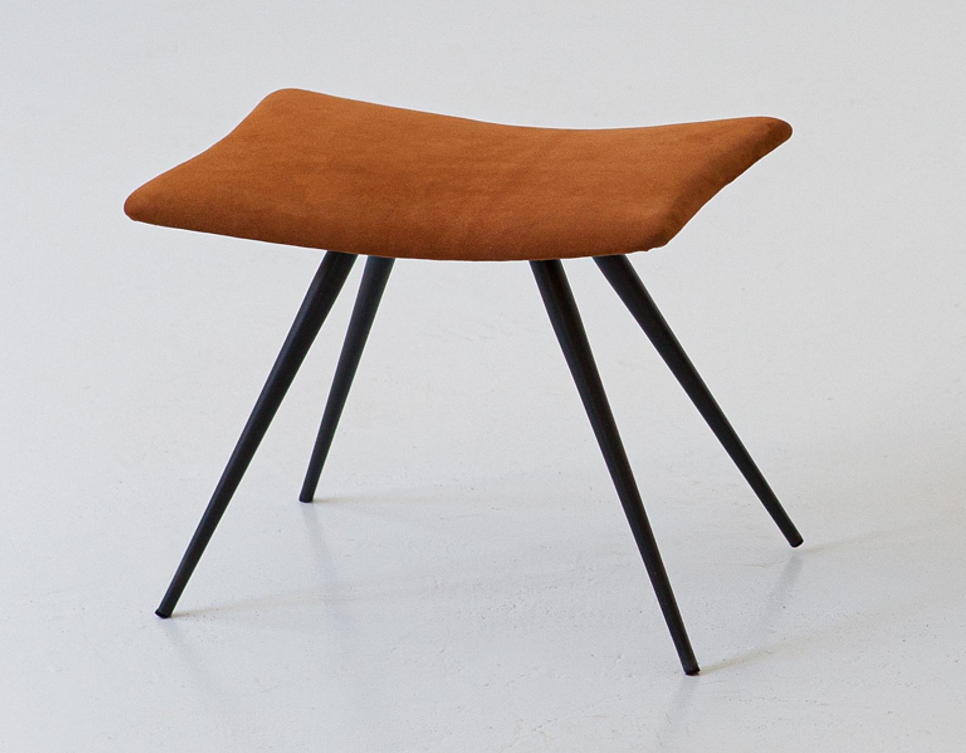 Italian Stool in Cognac Suede Leather and Black Steel Conical Legs, 1950s For Sale 2