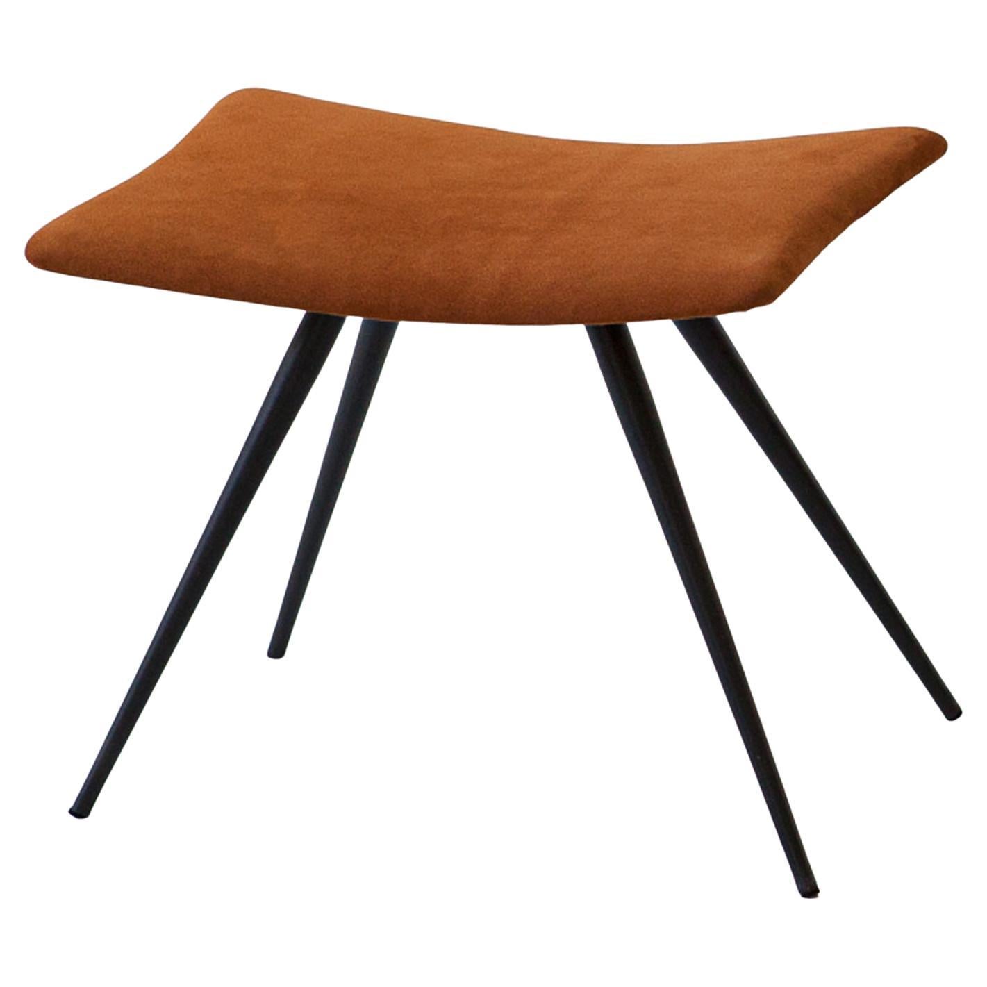 Italian Stool in Cognac Suede Leather and Black Steel Conical Legs, 1950s For Sale