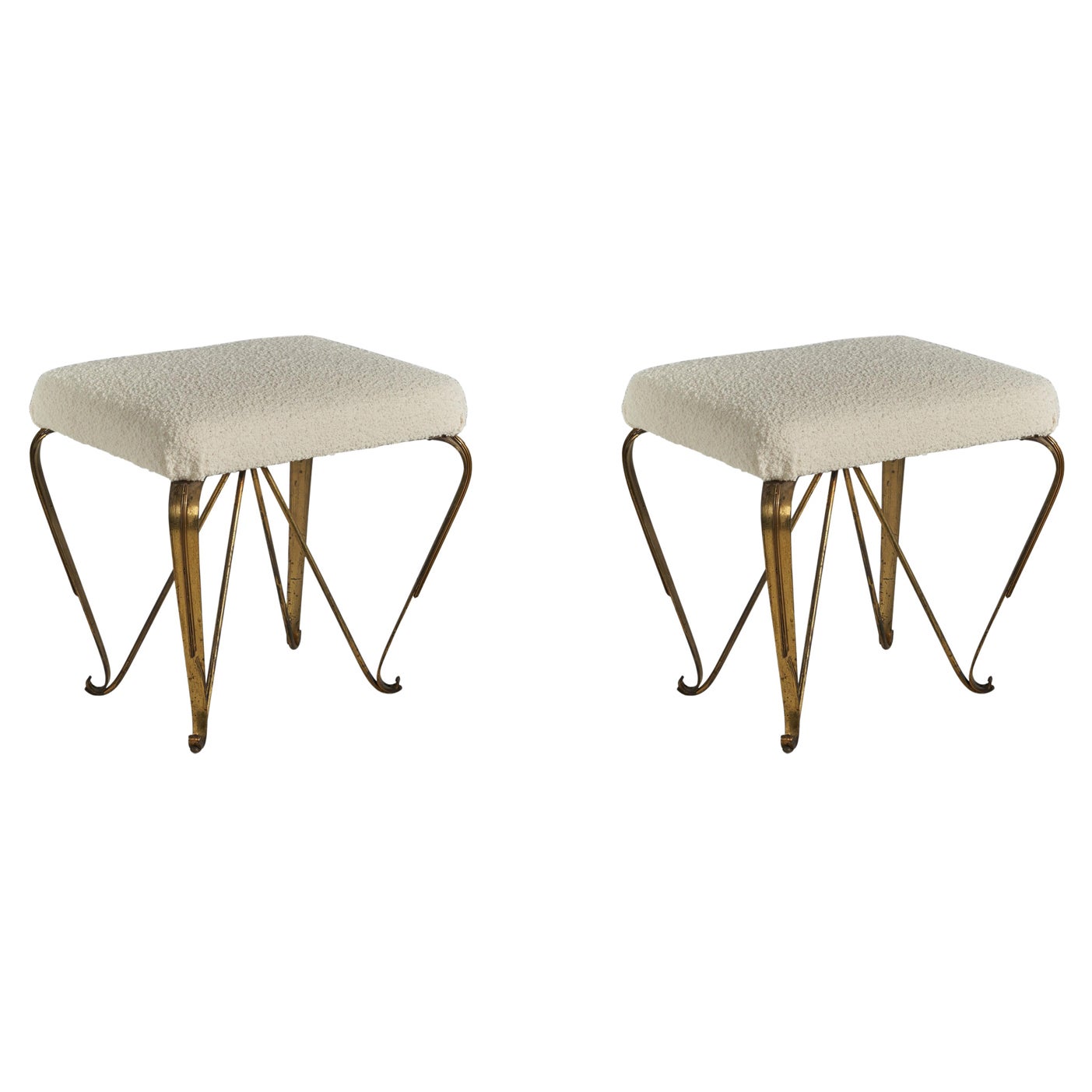 Italian, Stools, Brass, Bouclé, Italy, 1940s