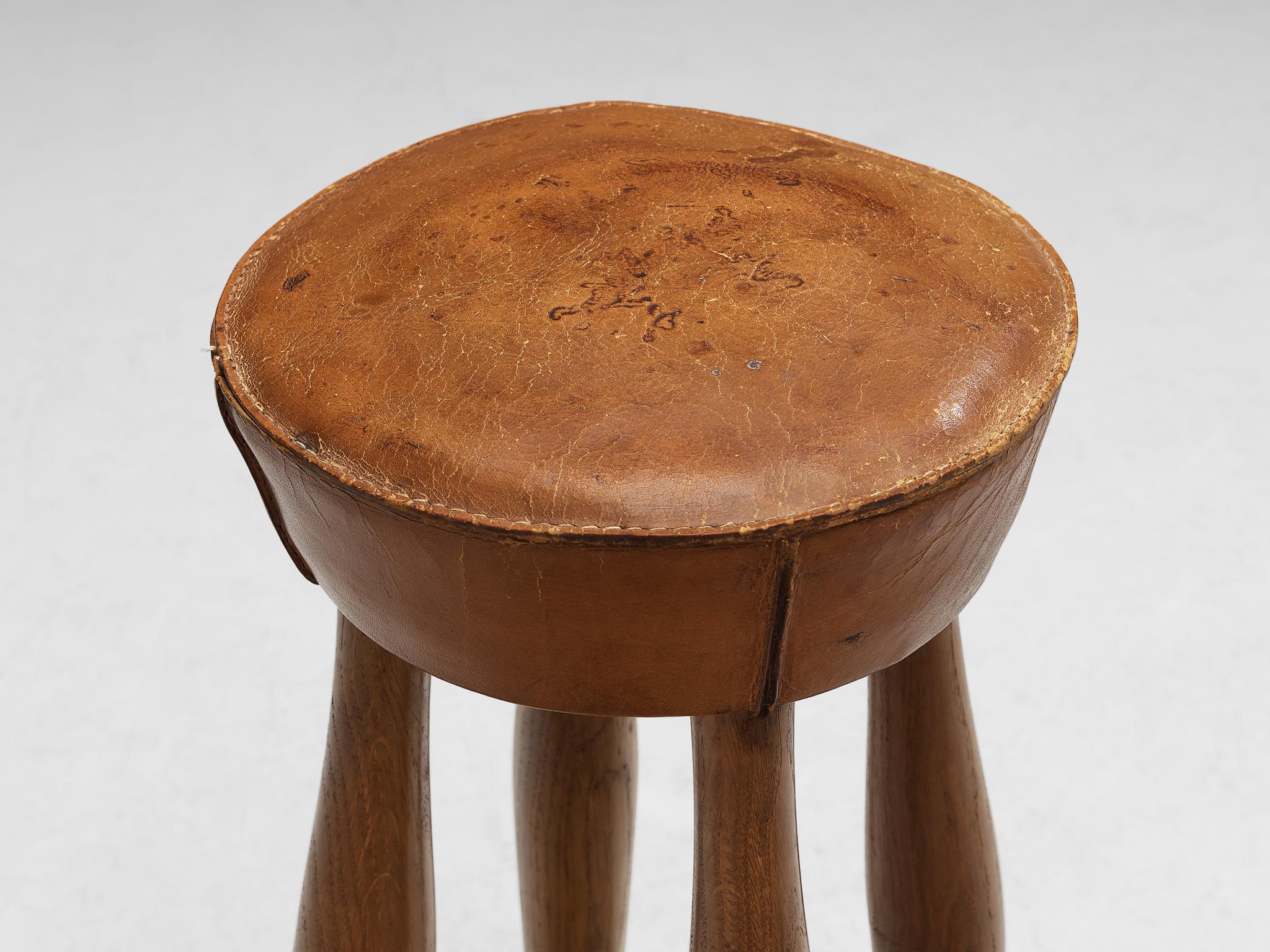 Brass Italian Stools in Oak and Cognac Leather  For Sale