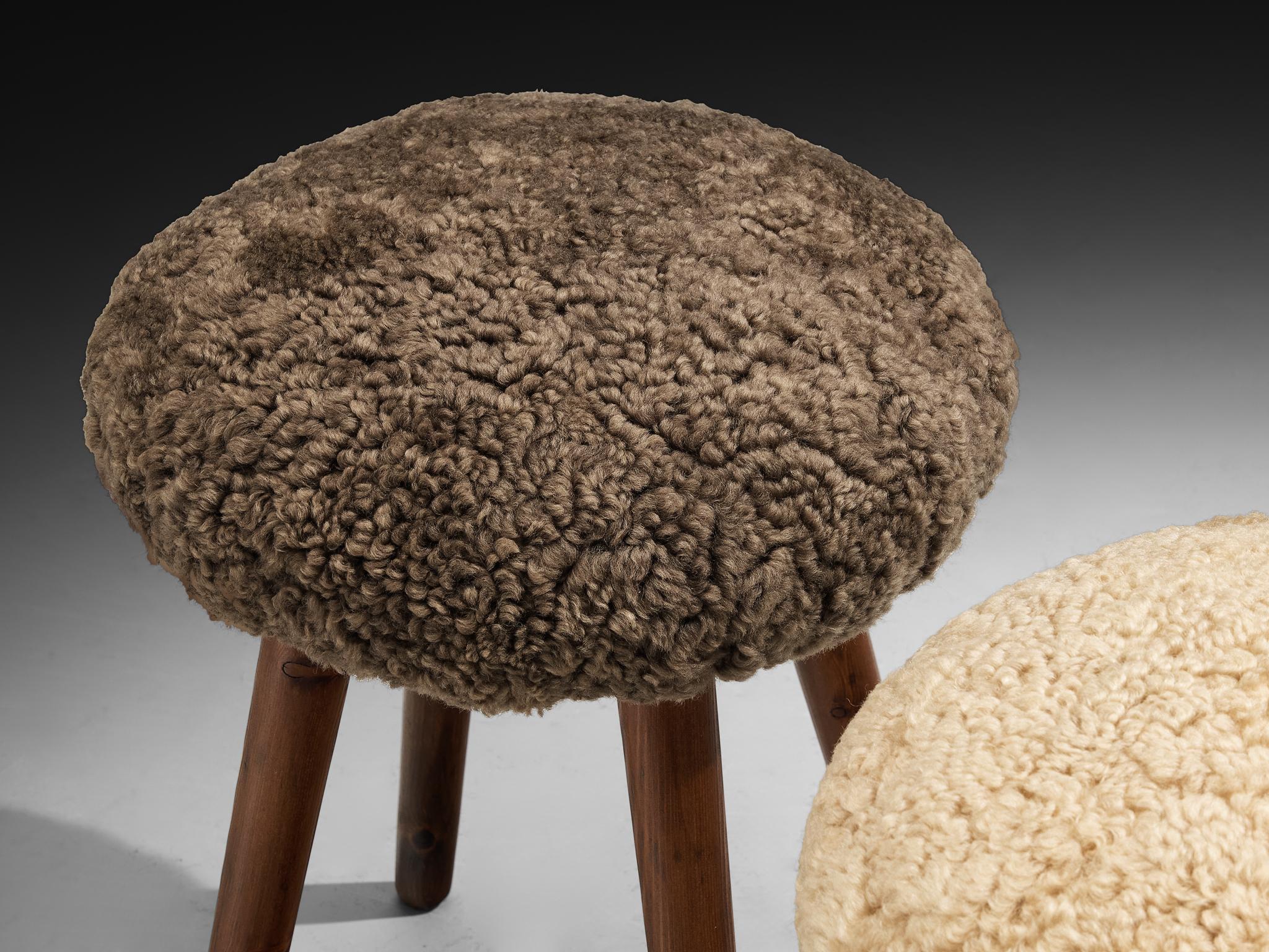 Italian Stools or Side Tables in Solid Pine and Sheepskin For Sale 1
