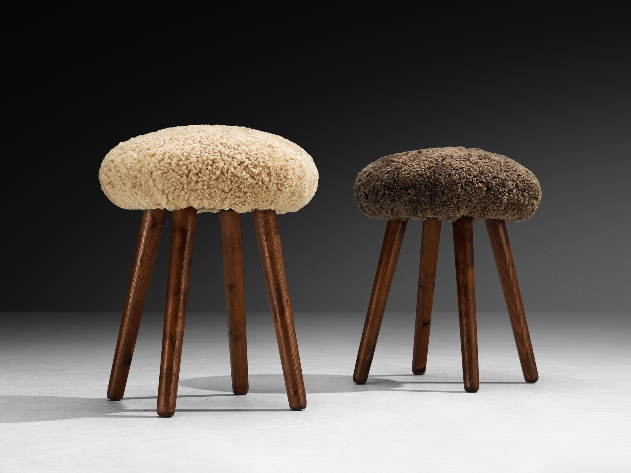 Mid-Century Modern Italian Stools or Side Tables in Solid Pine and Sheepskin For Sale