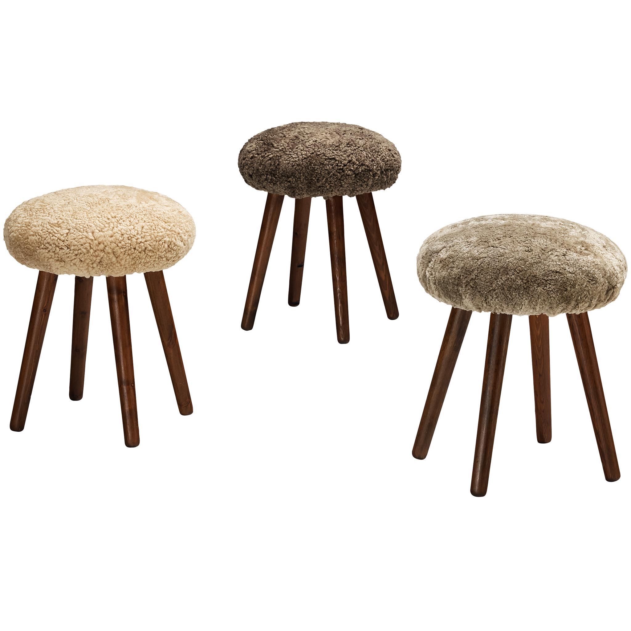 Italian Stools or Side Tables in Solid Pine and Sheepskin For Sale