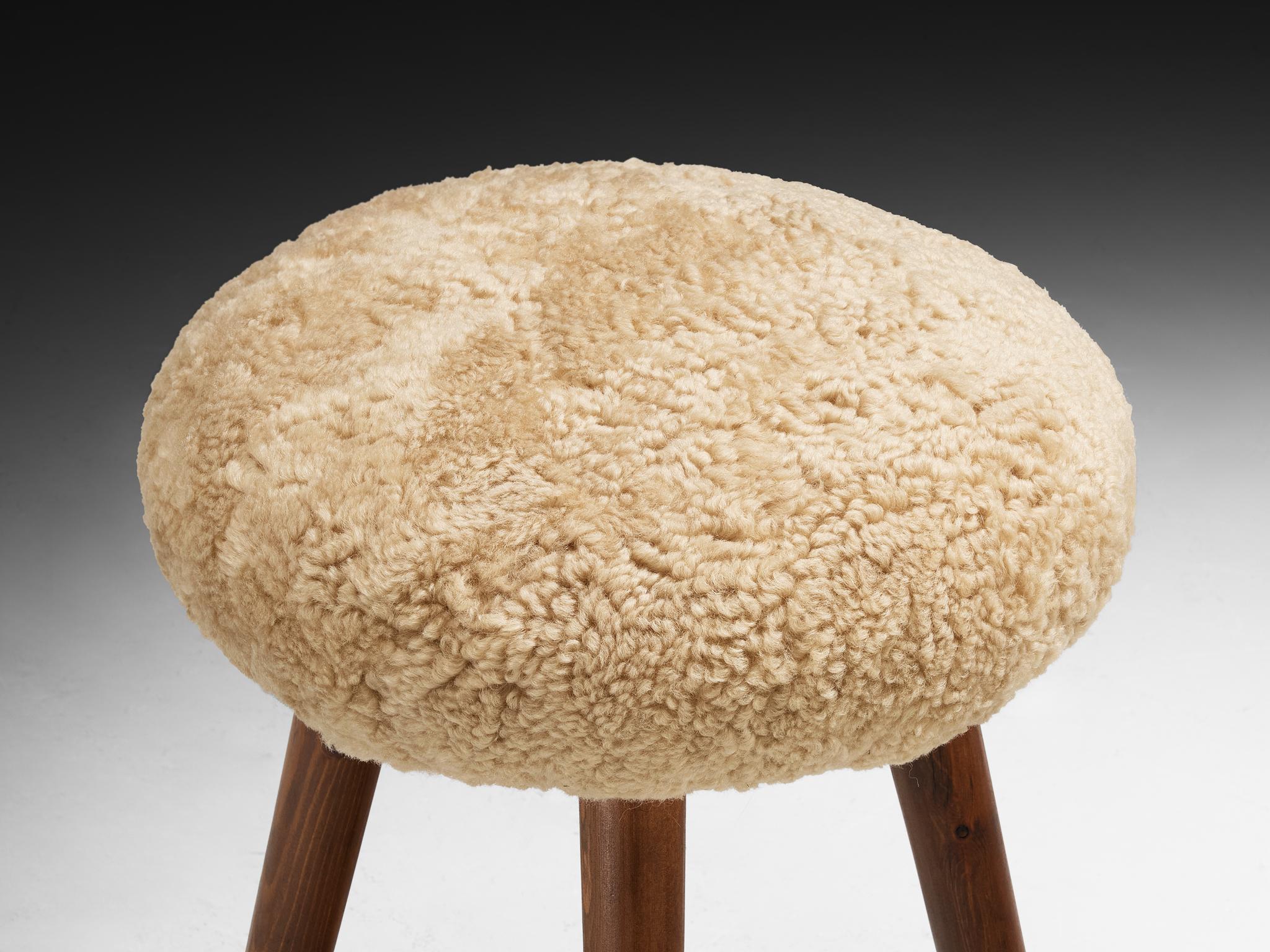 Italian Stools or Side Tables in Solid Pine and Sheepskin For Sale 1