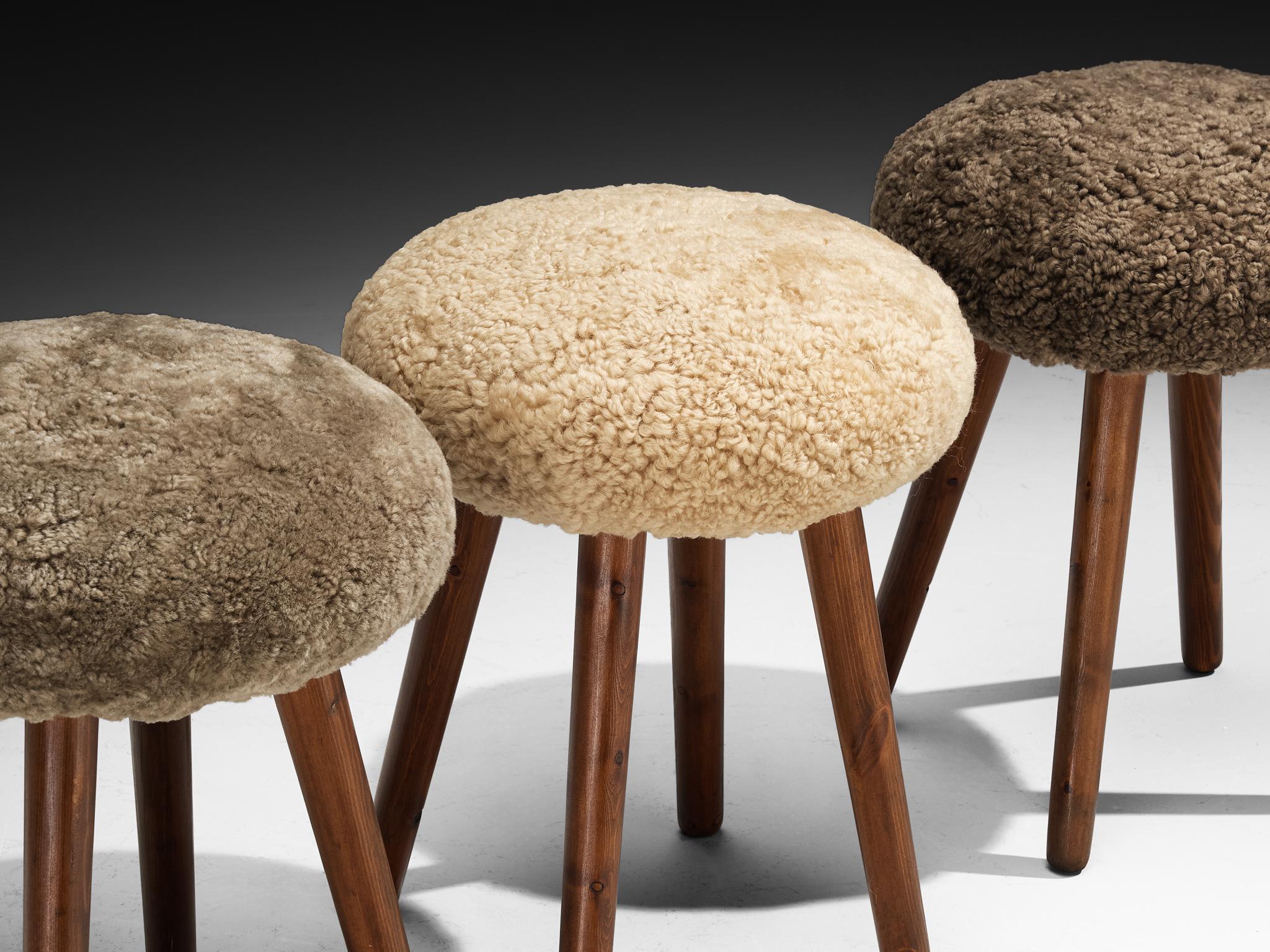 Mid-Century Modern Italian Stools or Side Tables in Solid Pine and Sheepskin For Sale