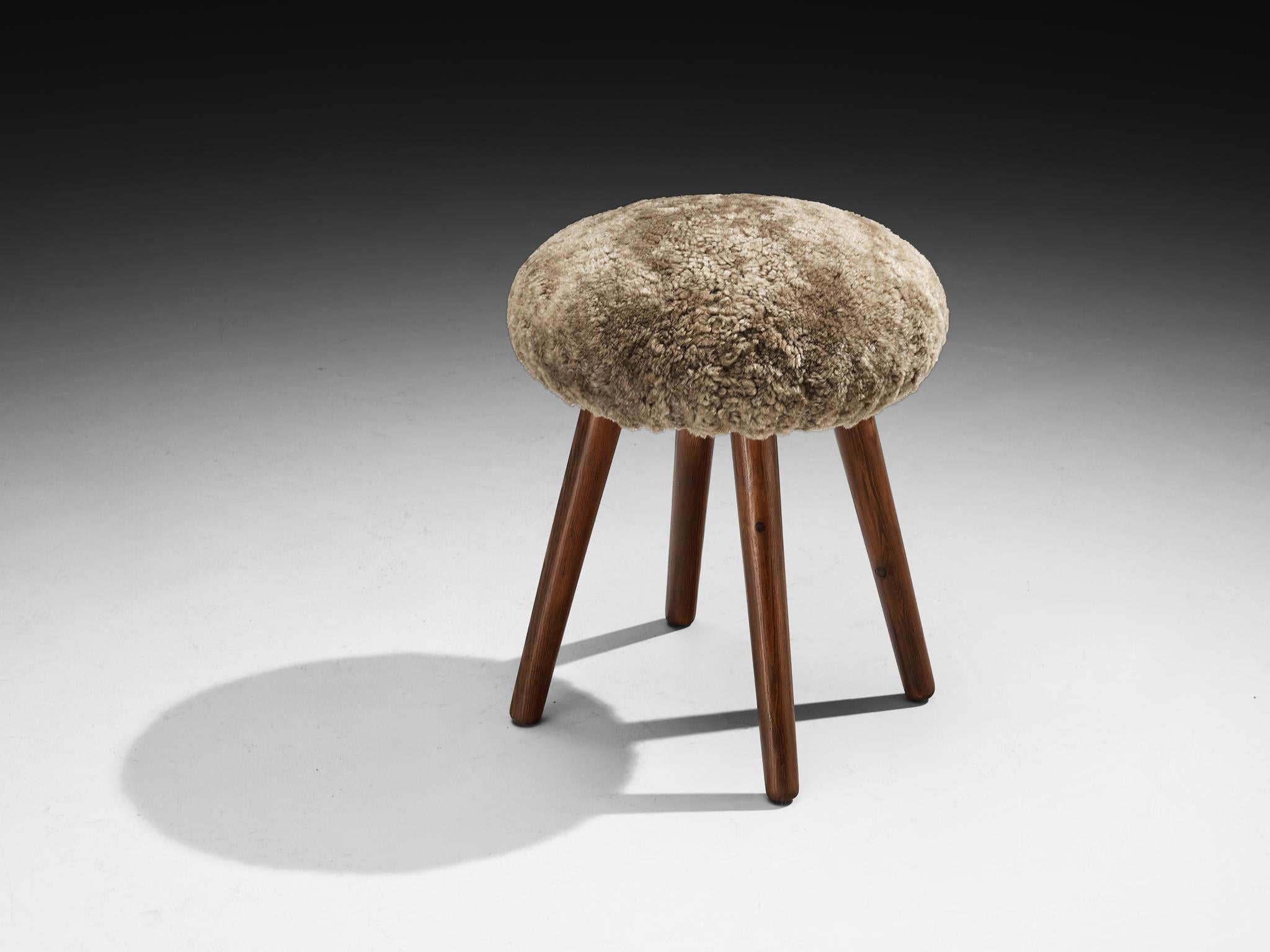 Mid-20th Century Italian Stools or Side Tables in Solid Pine and Sheepskin For Sale