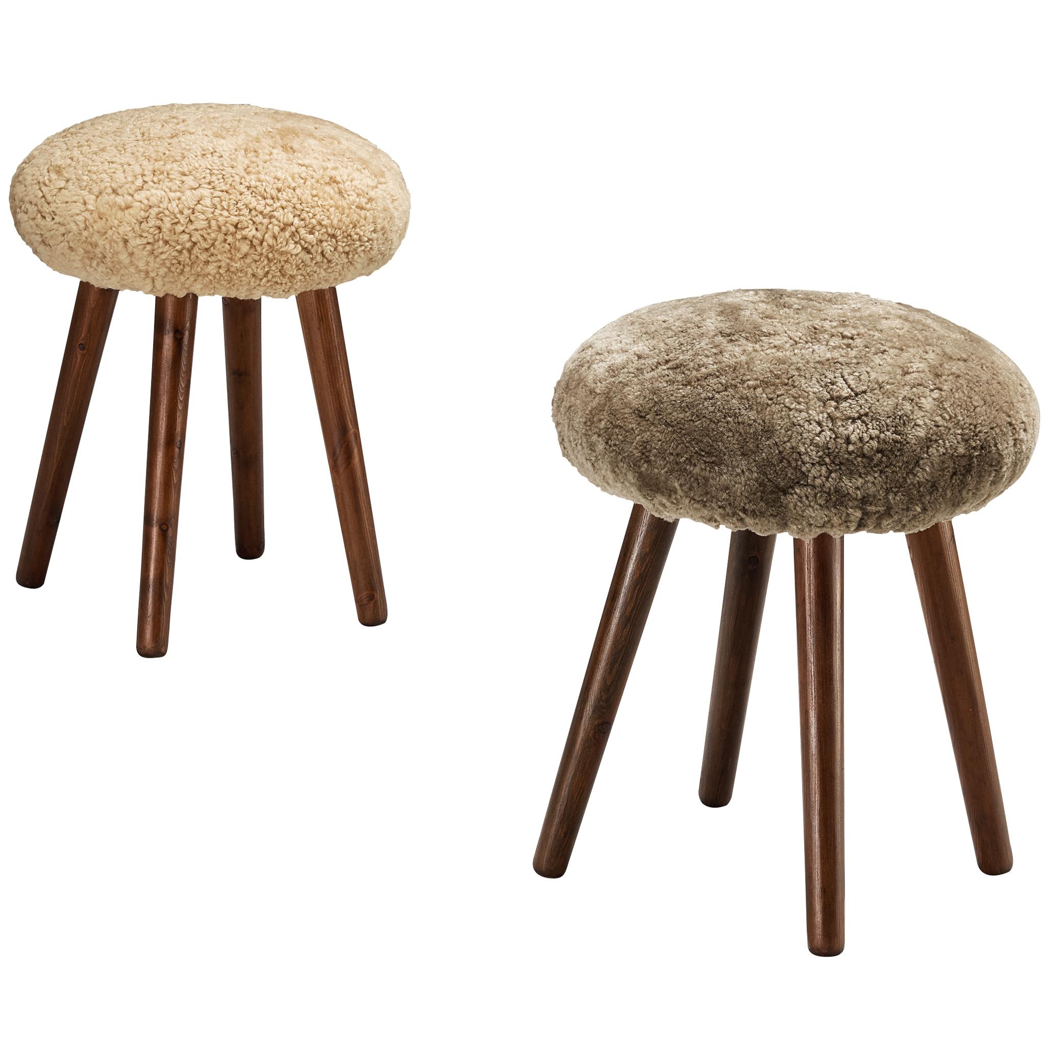 Italian Stools or Side Tables in Solid Pine and Sheepskin