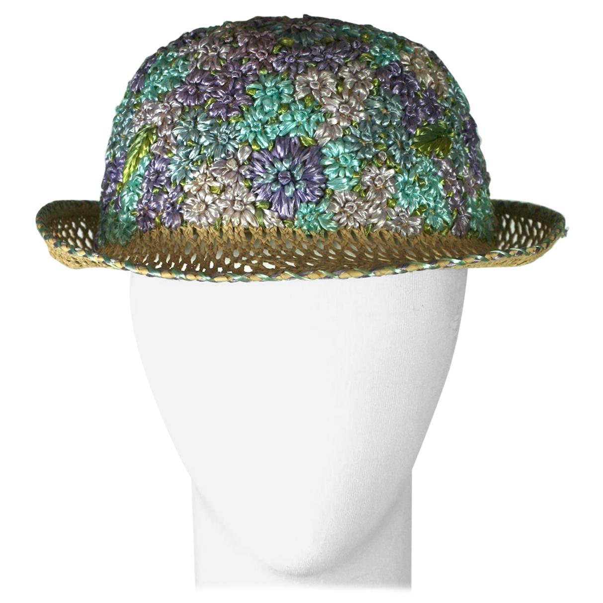 Italian Straw Hat with Raffia Flowers For Sale