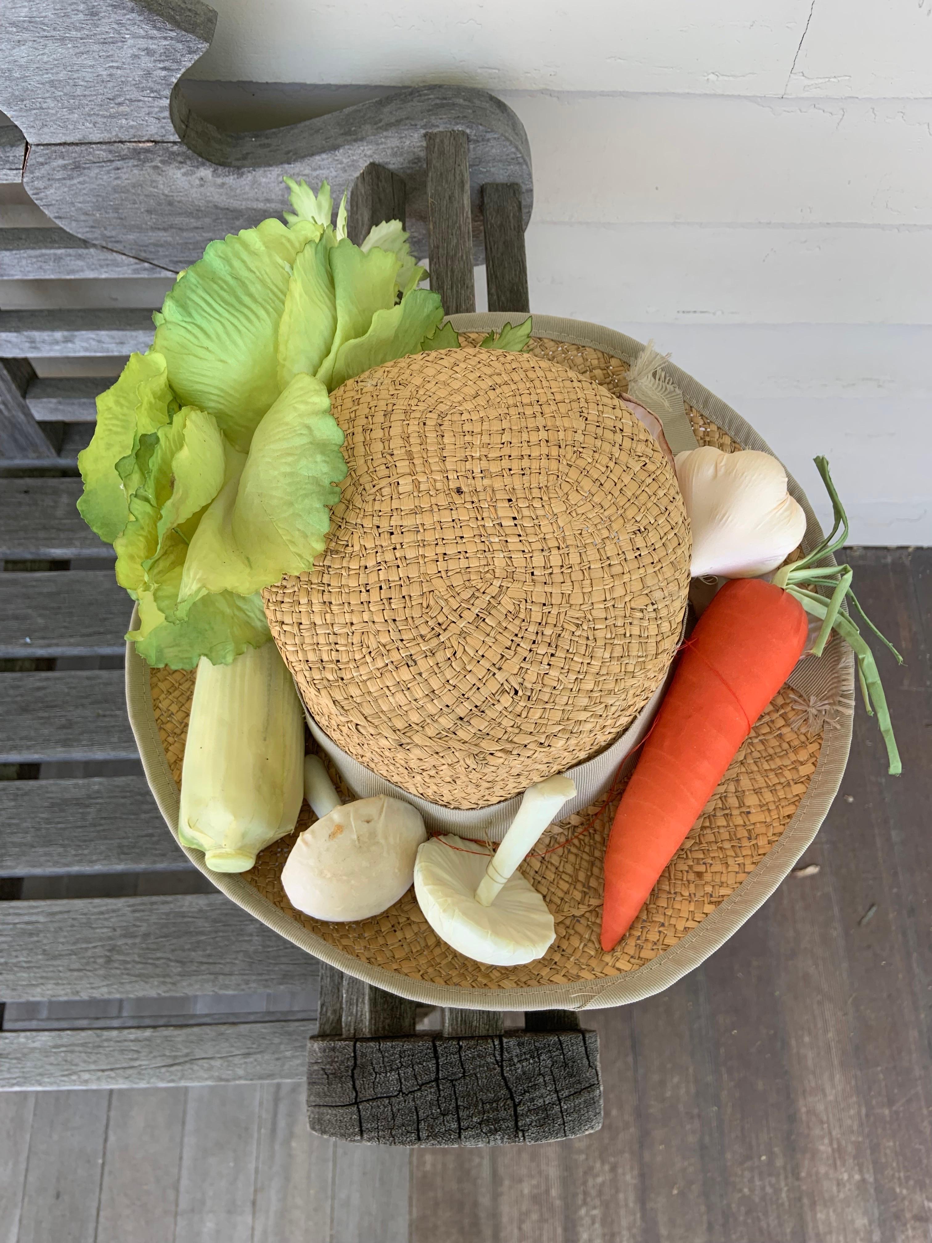Women's Italian Straw Hat with Silk Vegetables Retailed by Bloomingdale's For Sale