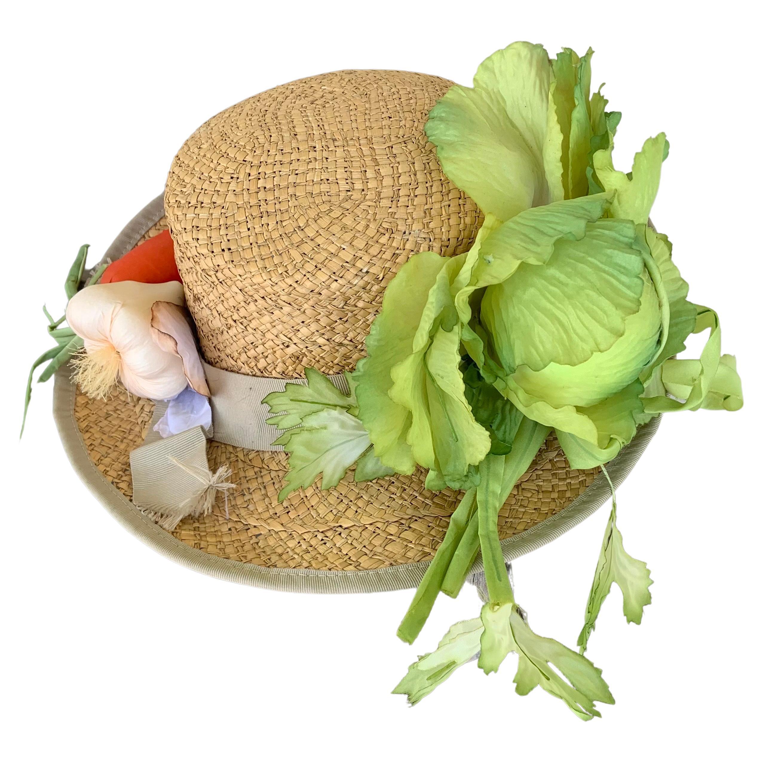 Italian Straw Hat with Silk Vegetables Retailed by Bloomingdale's For Sale