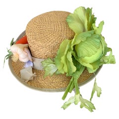 Vintage Italian Straw Hat with Silk Vegetables Retailed by Bloomingdale's