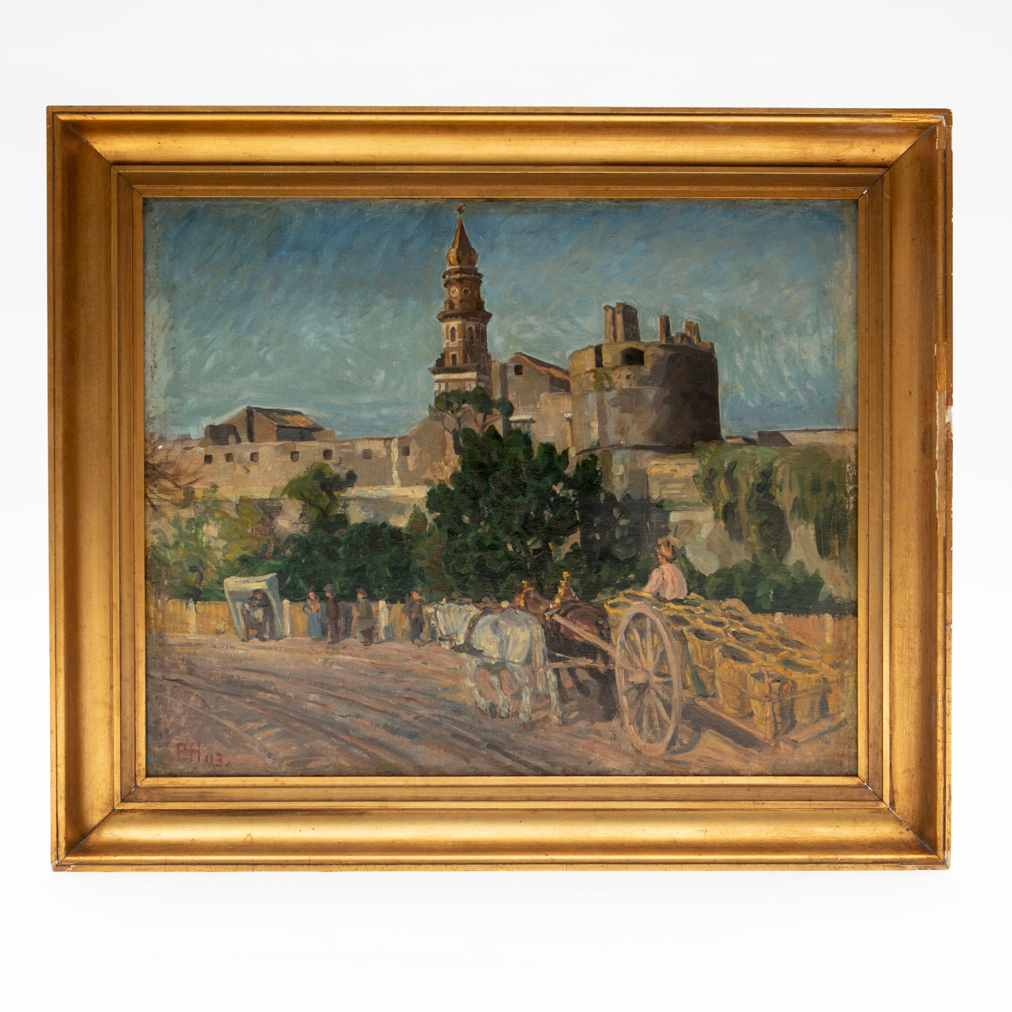 Peter Hansen, Danish 1868-1928

Painting depicting street life on the outskirts of a city in Italy, 1903.
Oil on canvas. Canvas dimensions: 53 x 65 cm. Framed in gilded wooden frame.

Signed PH 03
Measures inkl. frame : H 68 W 79 D 5½