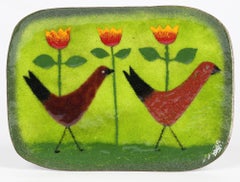 Italian Paolo De Poli Attributed Enamel Metal Dish with Stylized Birds