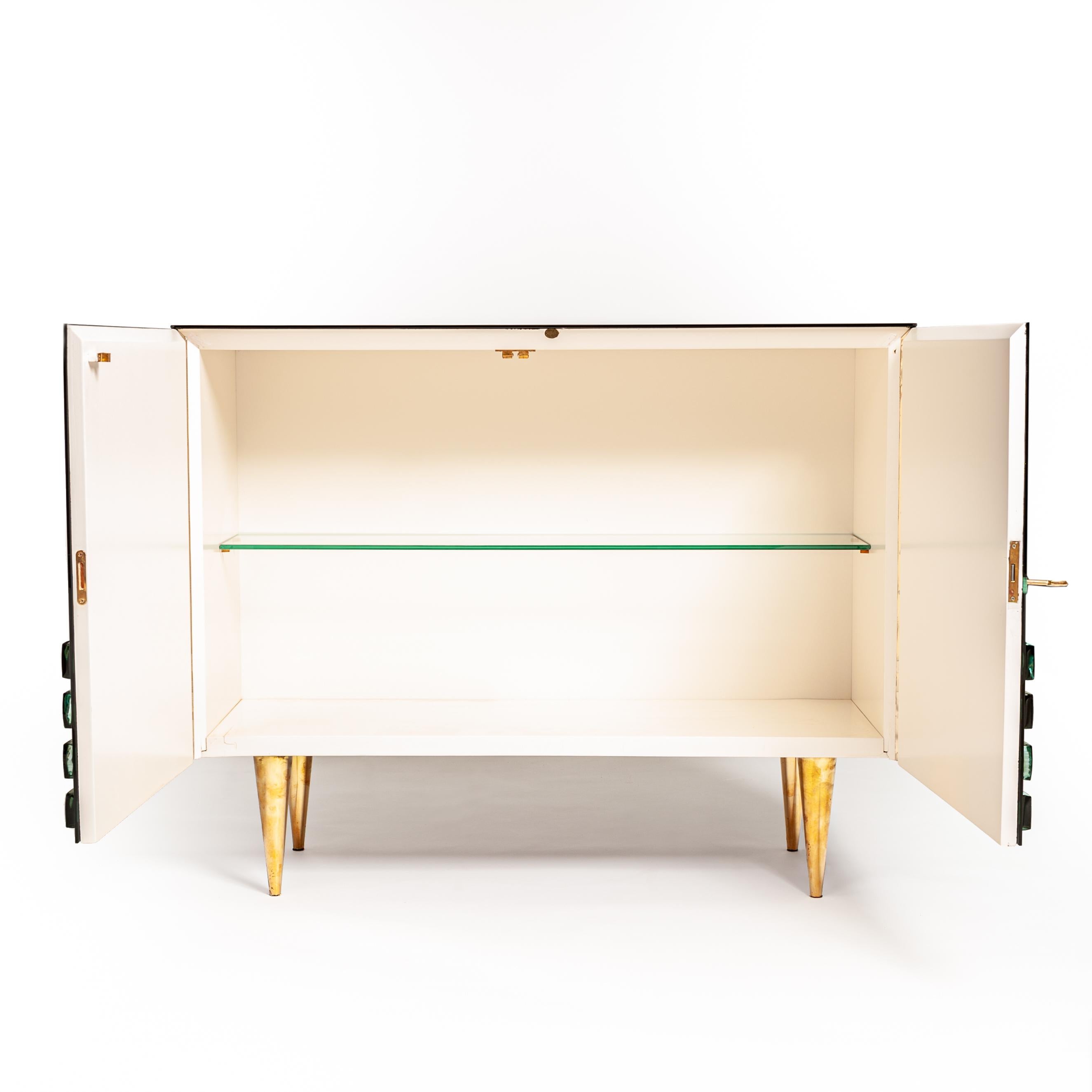 Italian Studio Made Mirrored Emerald Green Cabinet Hand Cast Opal Glass Stones For Sale 5