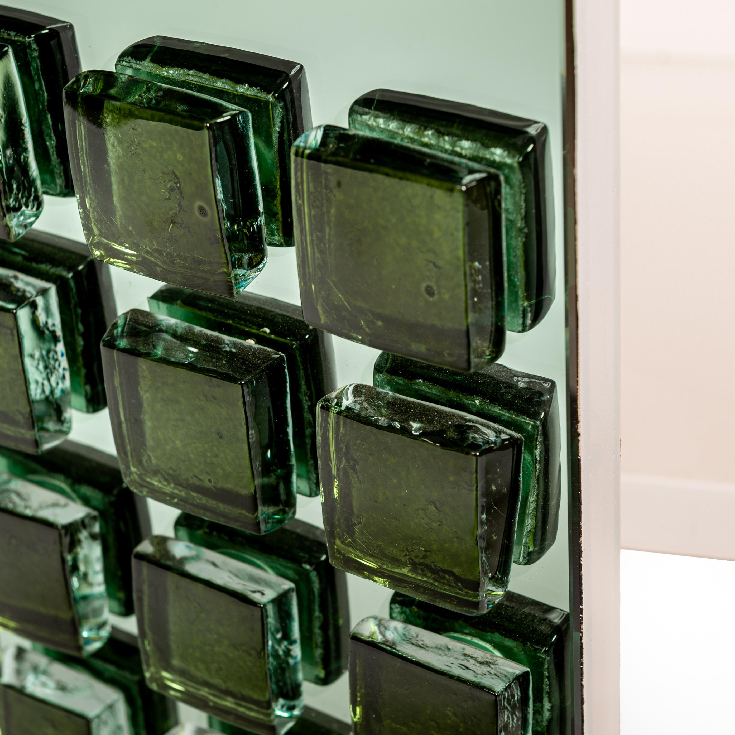 Italian Studio Made Mirrored Emerald Green Cabinet Hand Cast Opal Glass Stones For Sale 8
