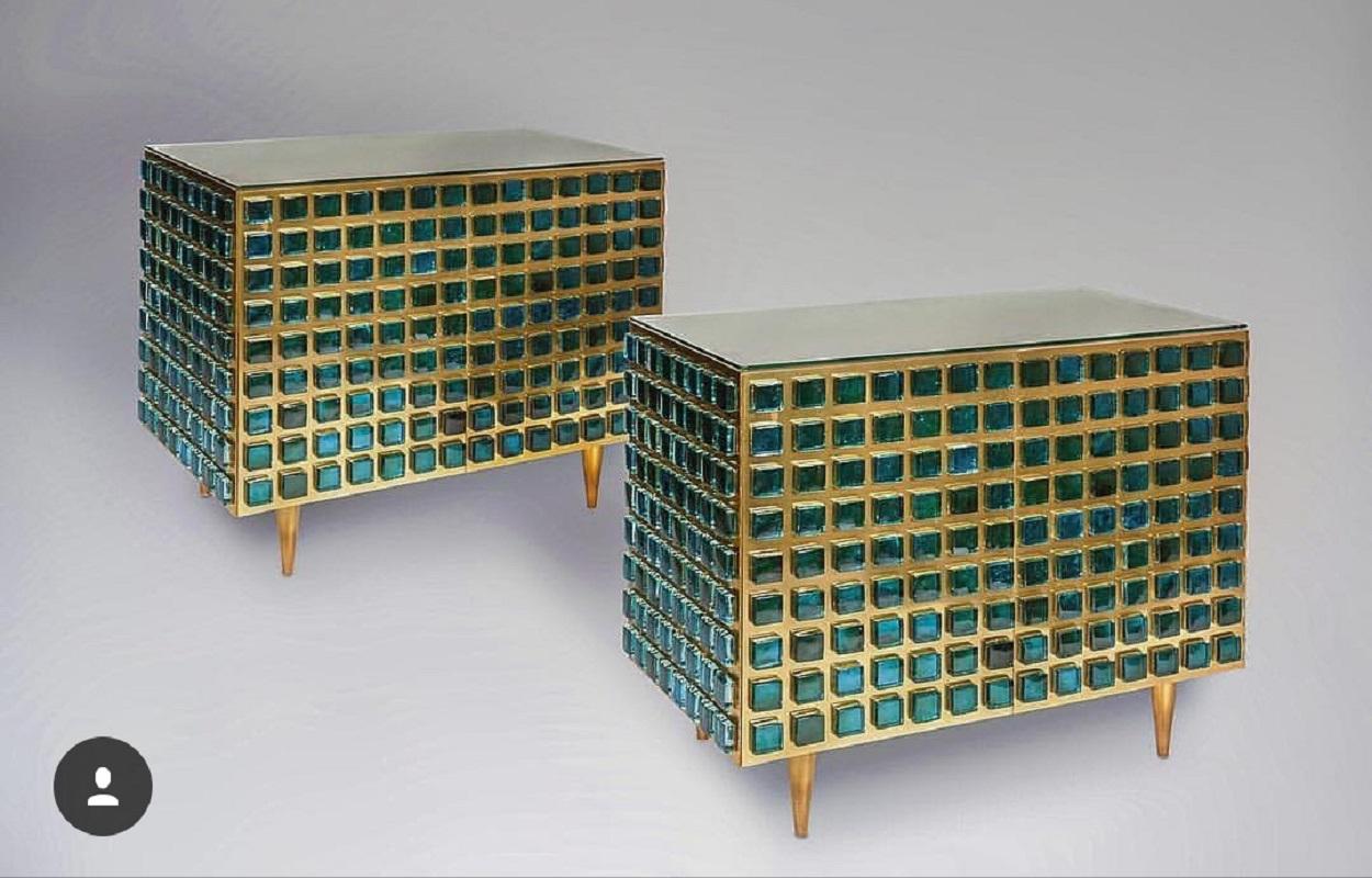 Italian Studio Made Mirrored Emerald Green Cabinet Hand Cast Opal Glass Stones For Sale 10