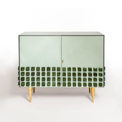 Italian Studio Made Mirrored Emerald Green Cabinet Hand Cast Opal Glass Stones