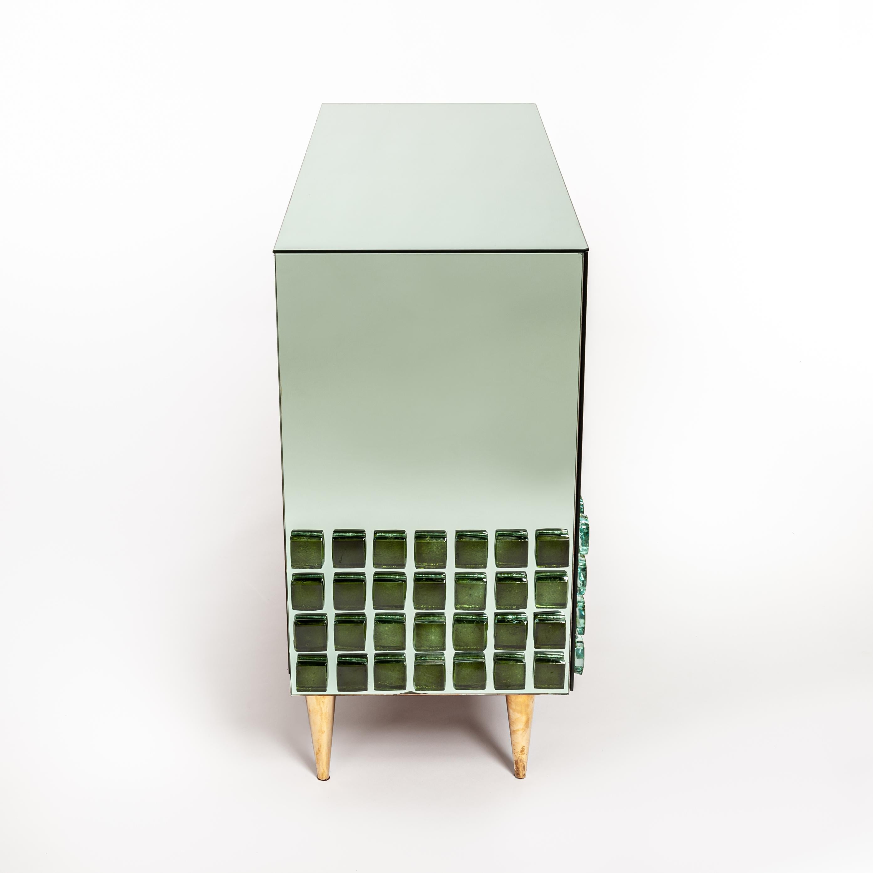 Modern Italian Studio Made Mirrored Emerald Green Cabinet Hand Cast Opal Glass Stones For Sale