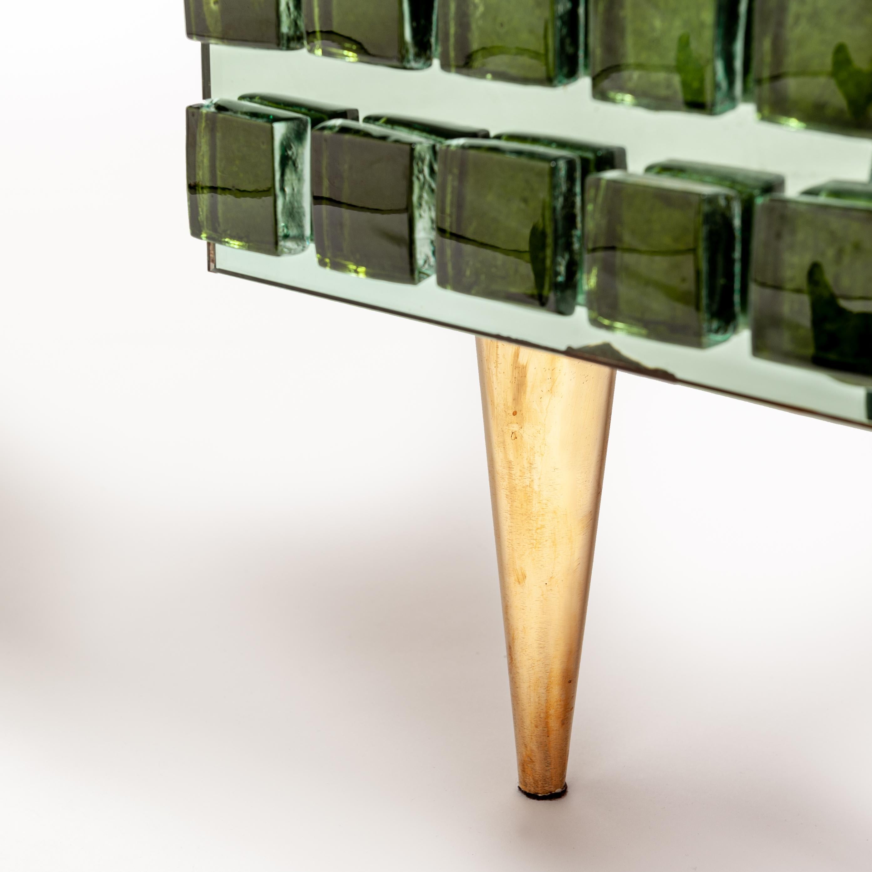 Italian Studio Made Mirrored Emerald Green Cabinet Hand Cast Opal Glass Stones For Sale 1