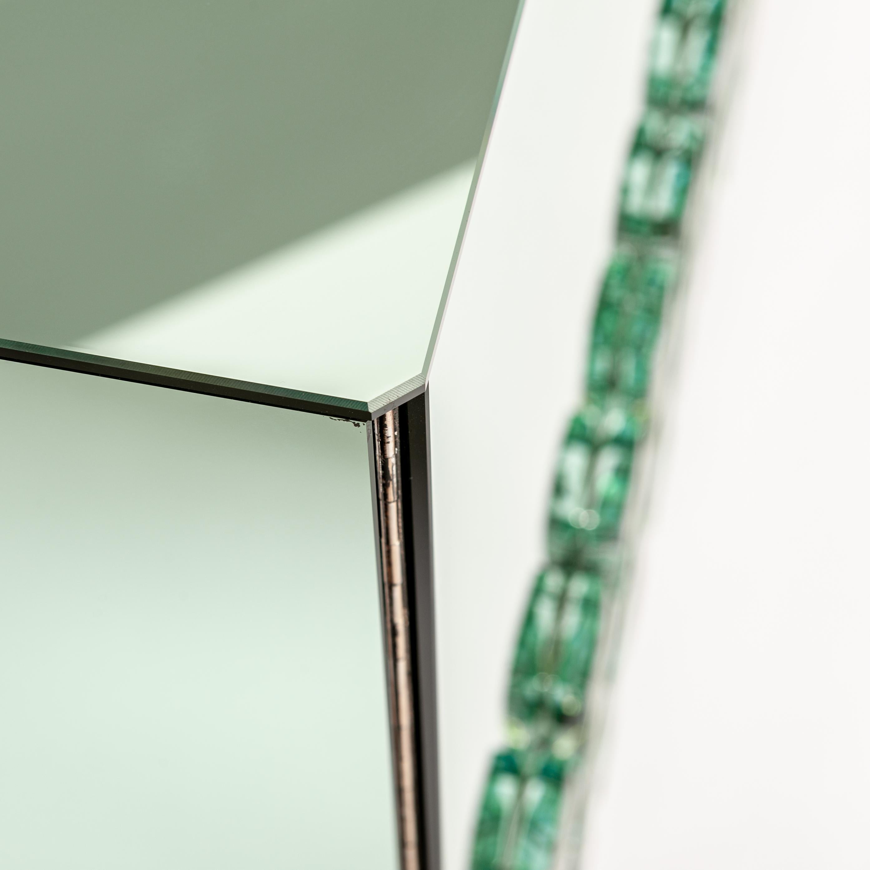Italian Studio Made Mirrored Emerald Green Cabinet Hand Cast Opal Glass Stones For Sale 3