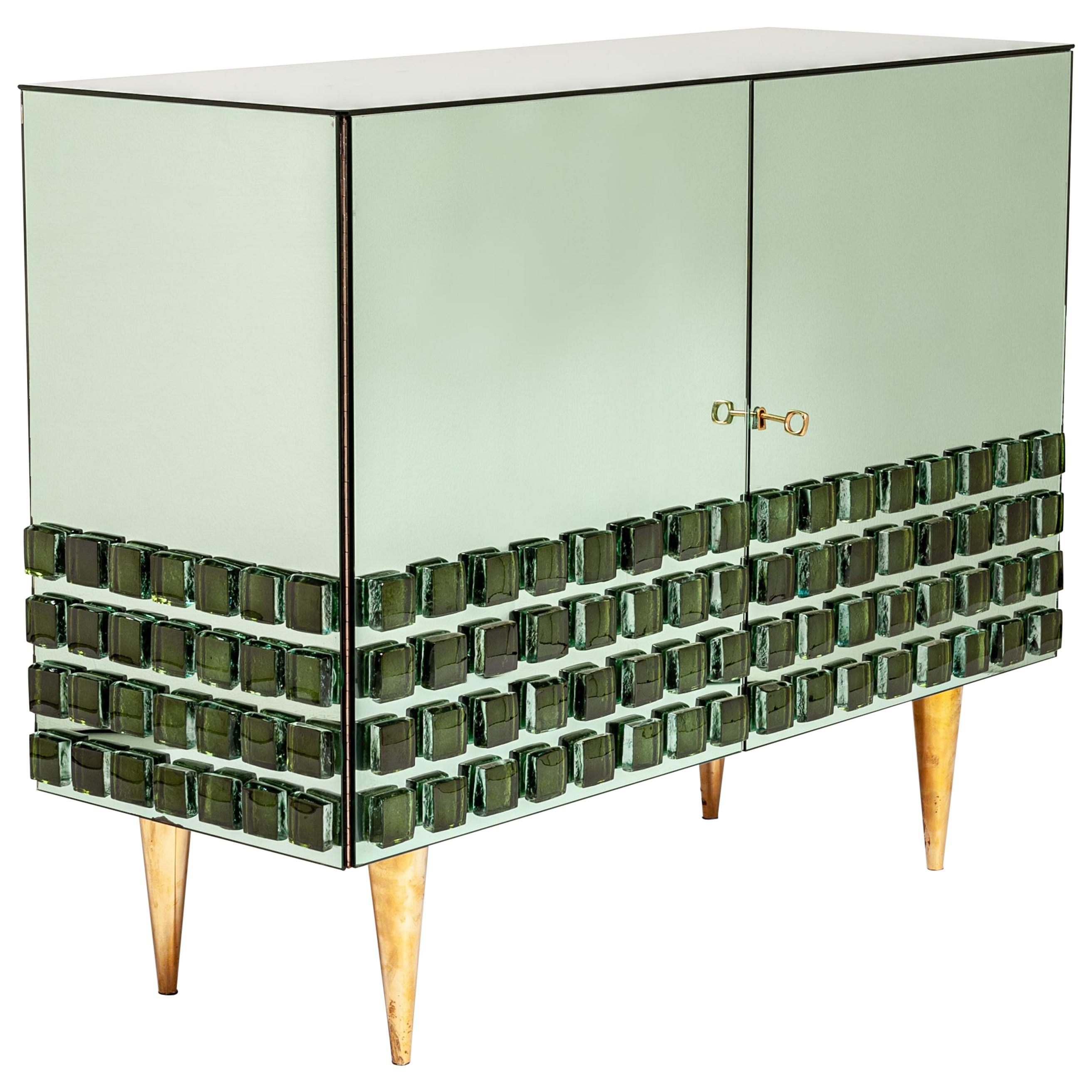 Italian Studio Made Mirrored Emerald Green Cabinet Hand Cast Opal Glass Stones For Sale