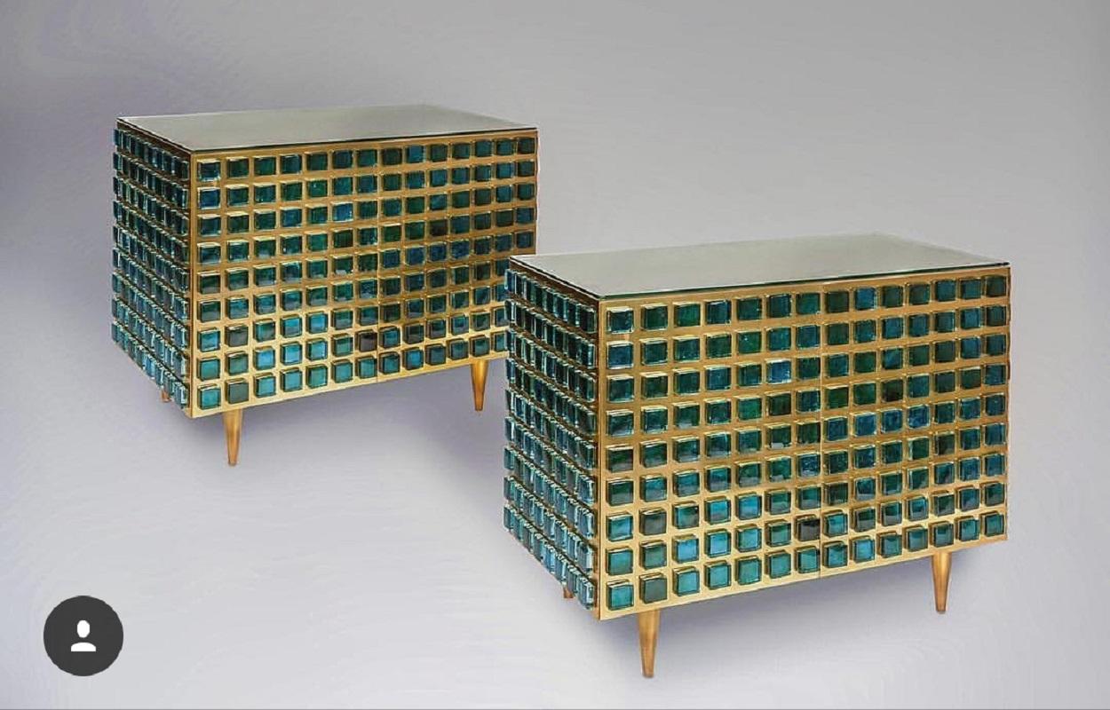 Italian Studio Made Mirrored Sideboard Emerald Green Hand Cast Opal Glass Stones For Sale 10
