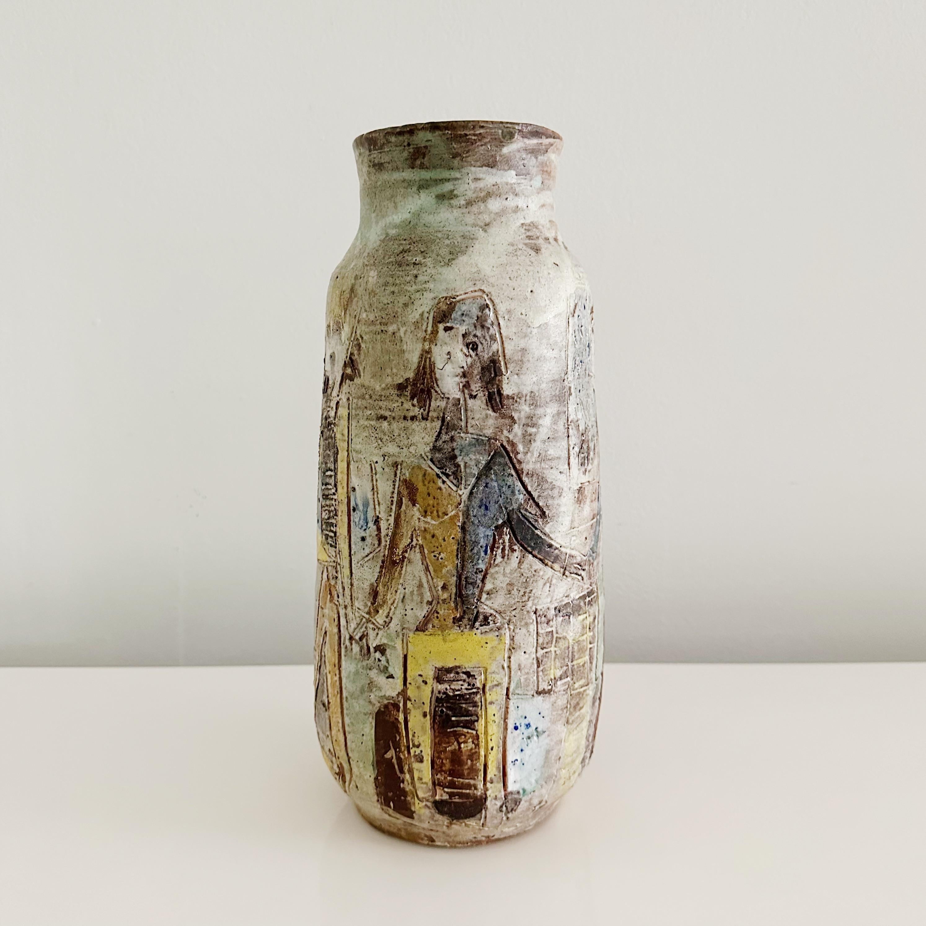 Mid-Century Modern Italian Studio Pottery Figural Decorated Vase in the Manner of Fantoni