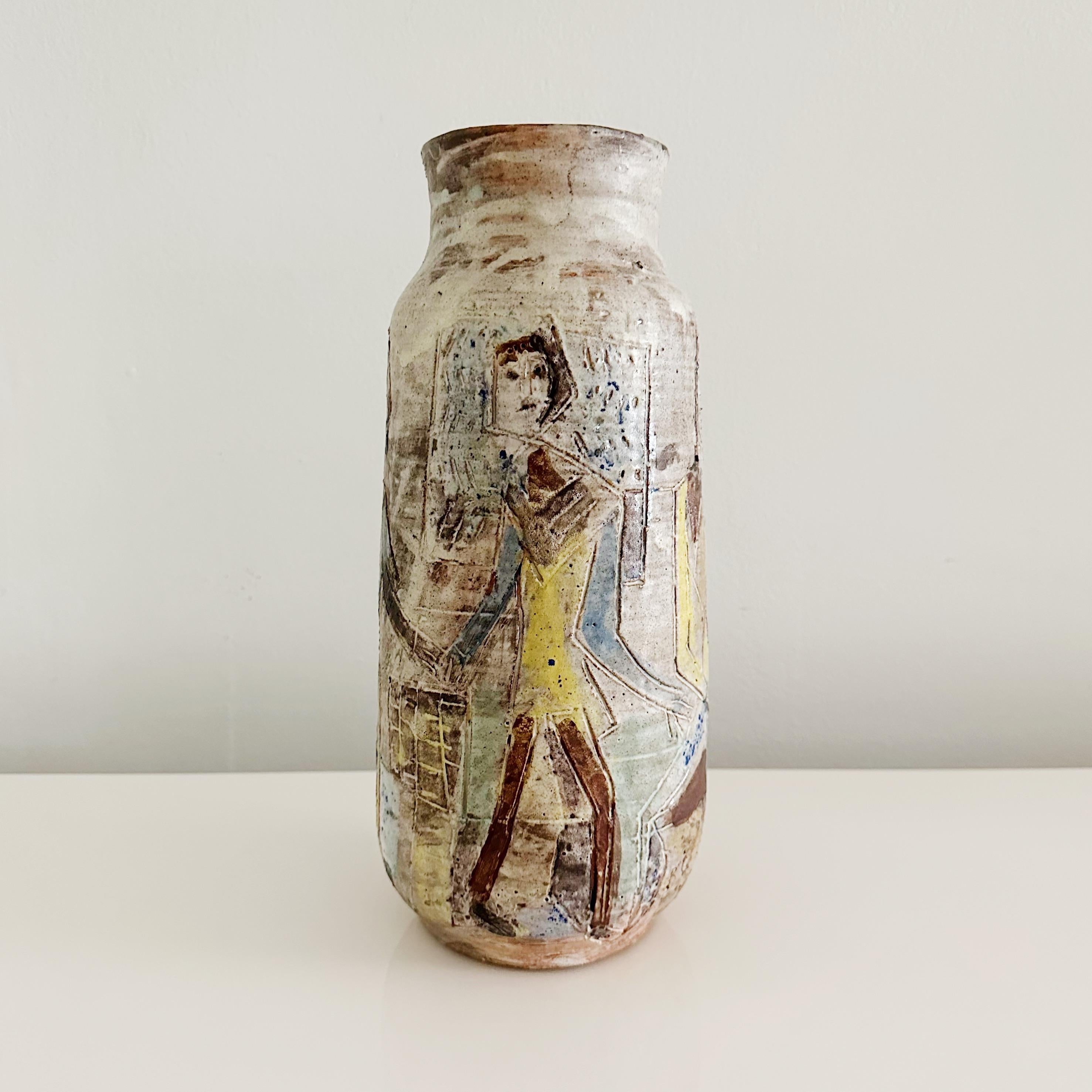 Hand-Painted Italian Studio Pottery Figural Decorated Vase in the Manner of Fantoni